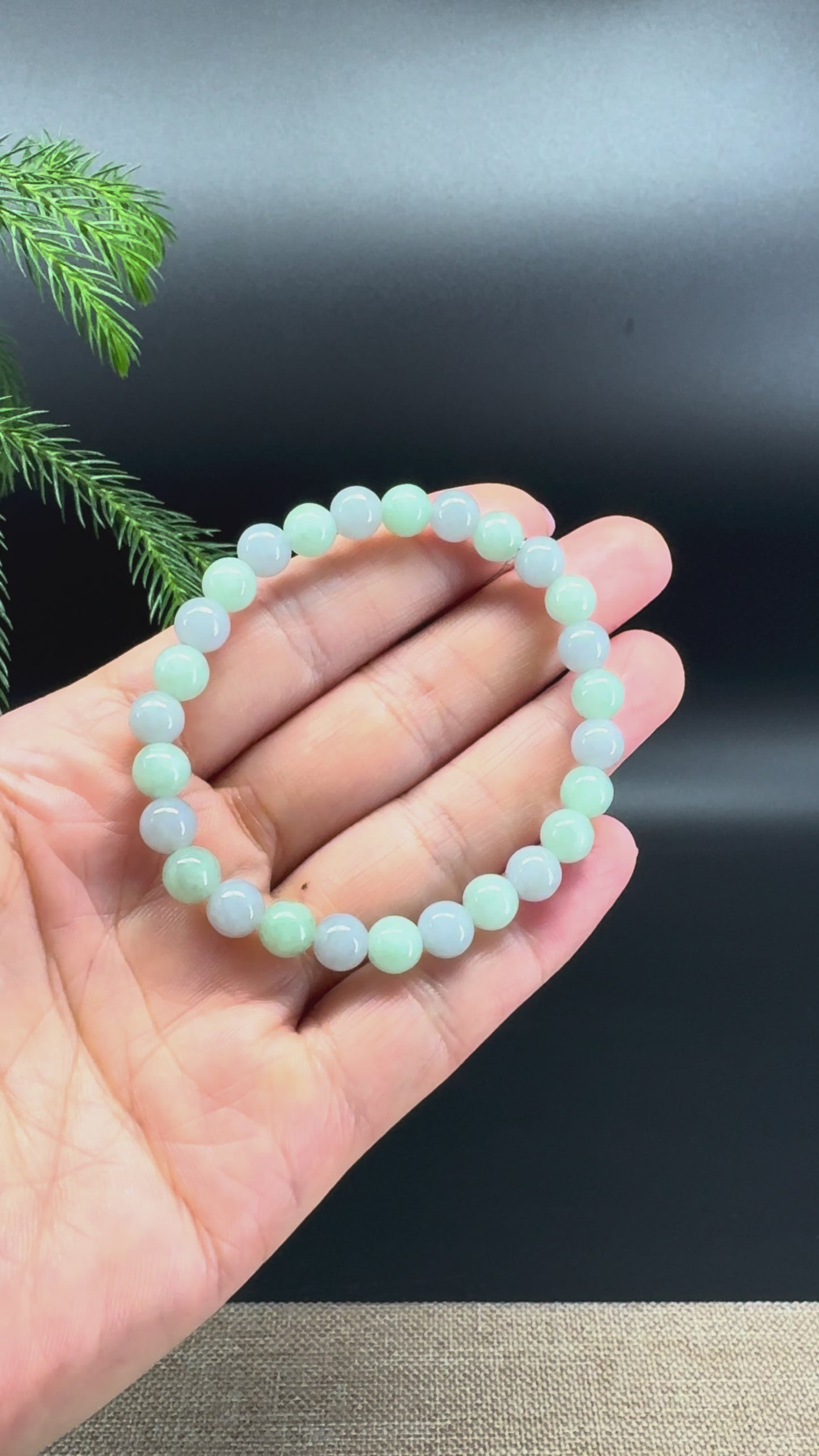 Load and play video in Gallery viewer, RealJade® Co. Genuine Jadeite Jade Round Light Lavender &amp;amp; Green Beads Bracelet (6.8mm)
