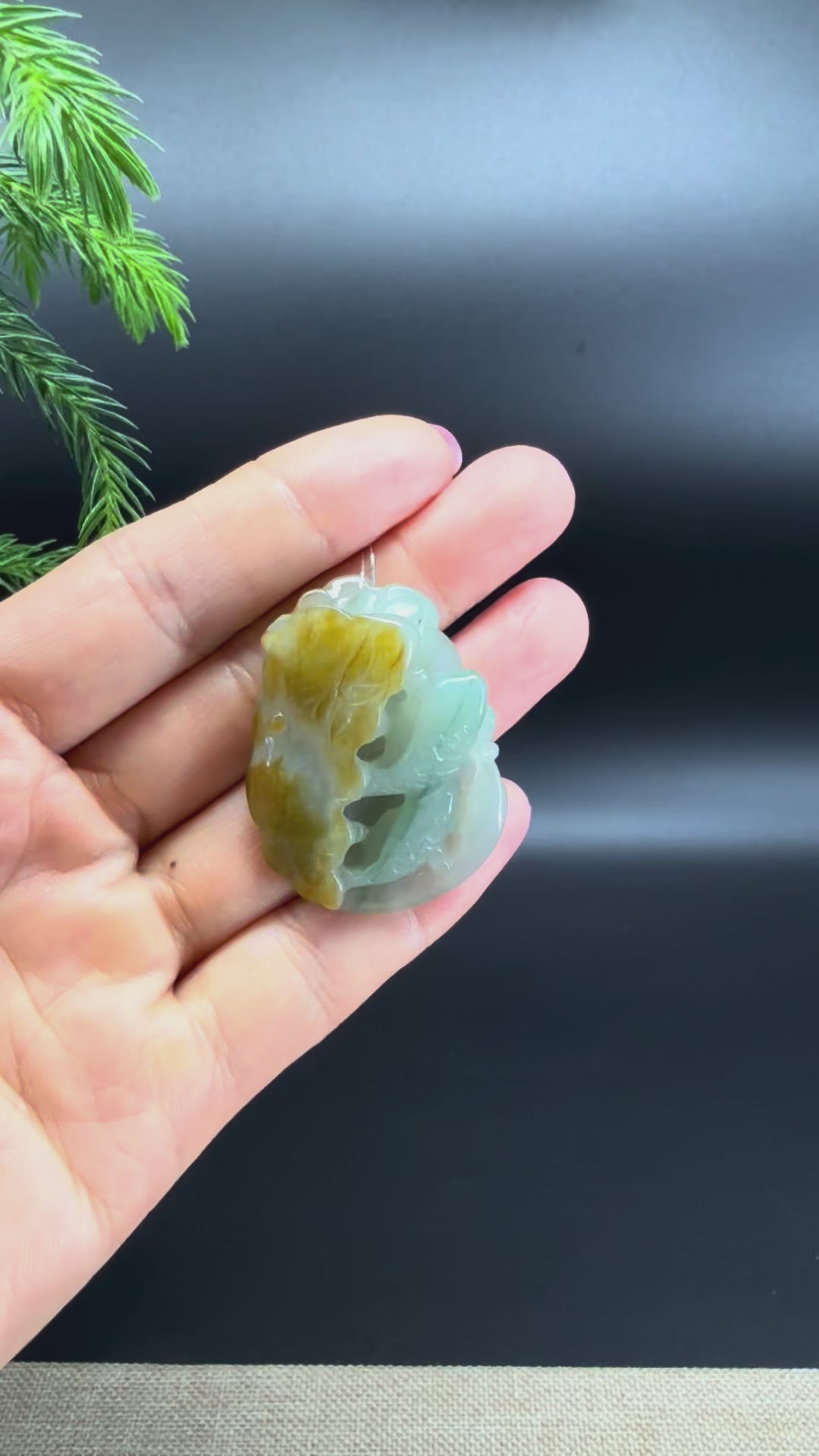 Load and play video in Gallery viewer, RealJade® Co.Natural Yellow Green Jadeite Jade Fishes &amp;amp; Lotus Pendant
