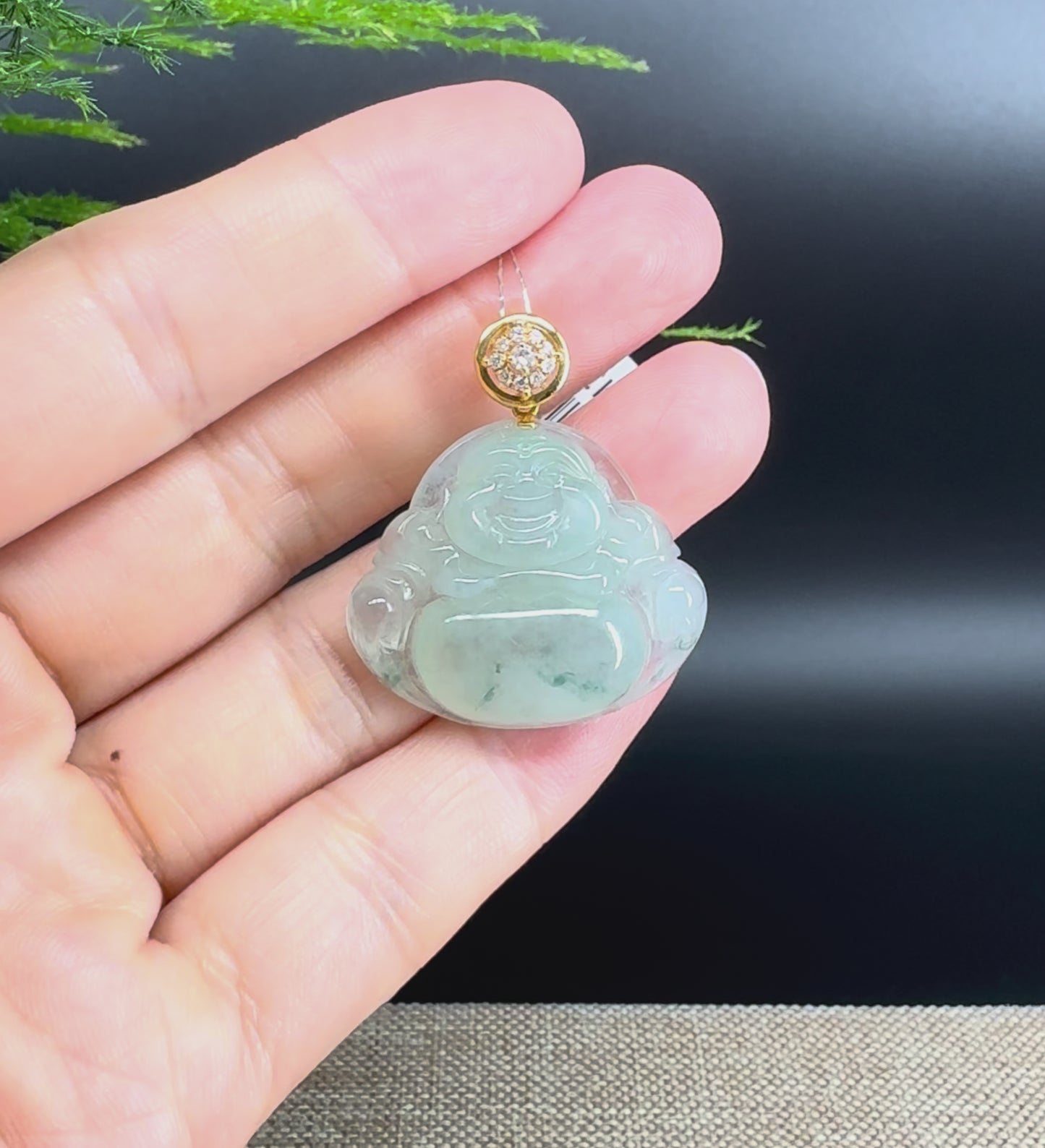 18K Yellow Gold Burmese Icy Blue Flower Jadeite Jade Happy Buddha Pendant