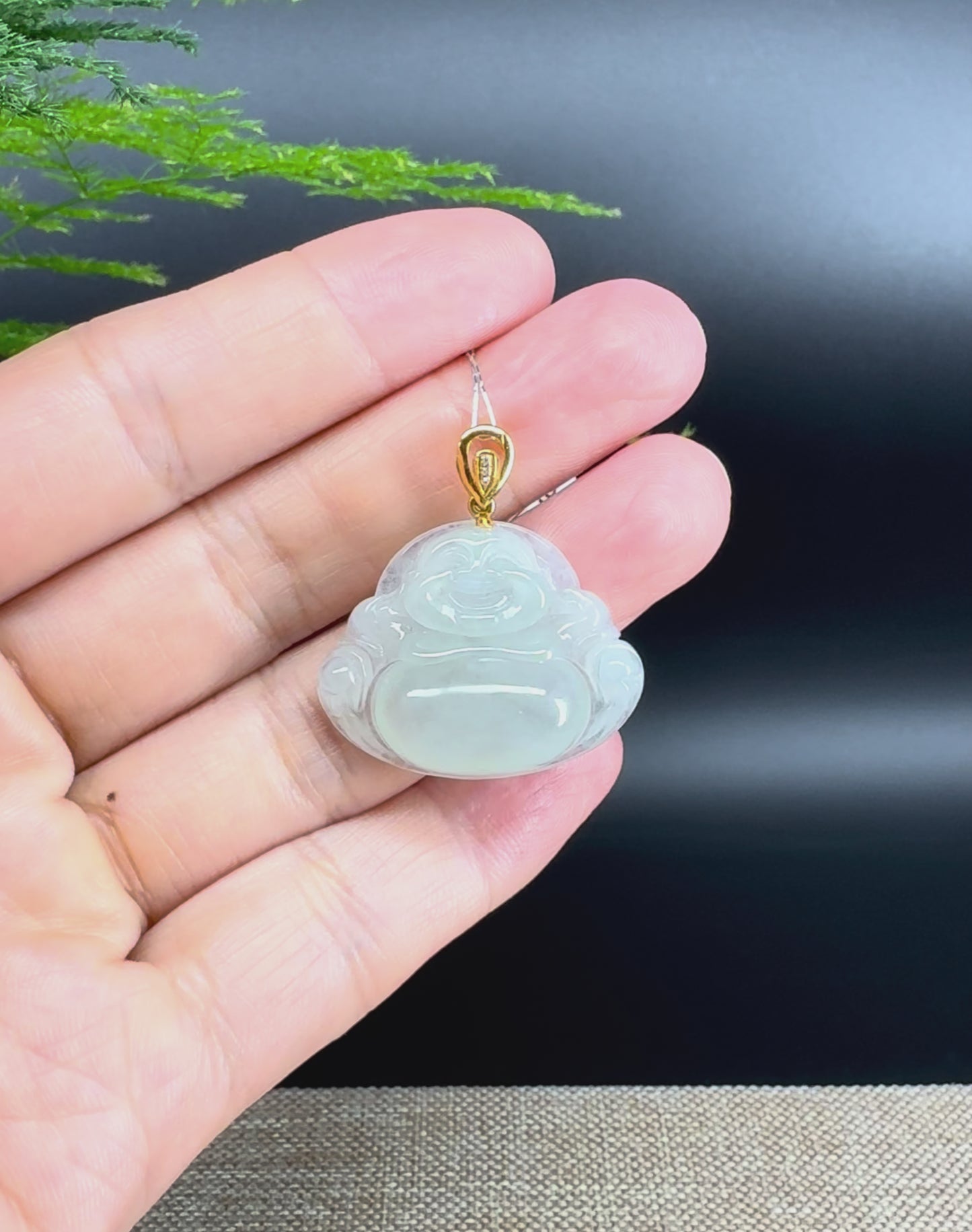 18K Yellow Gold Burmese Icy Green Jadeite Jade Happy Buddha Pendant