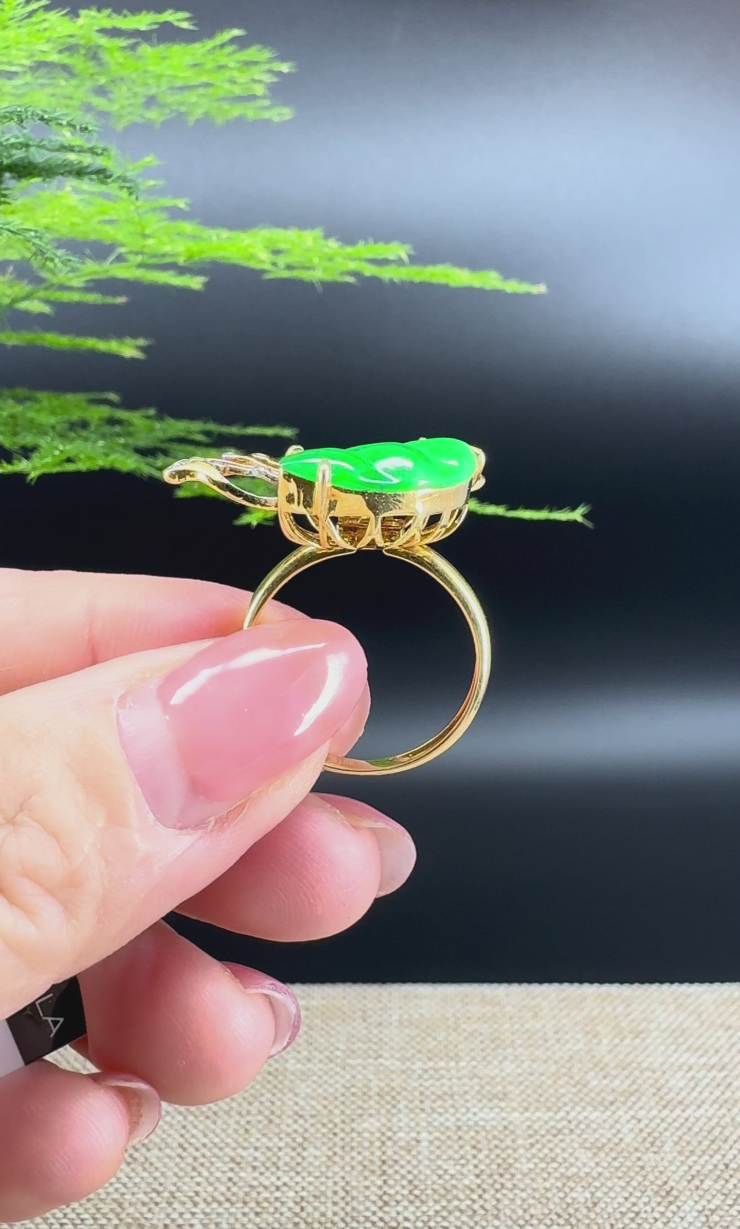 Load and play video in Gallery viewer, RealJade® &amp;quot;Signature Signet&amp;quot; 18K Yellow Gold Green Jadeite Jade Diamonds Butterfly Ring
