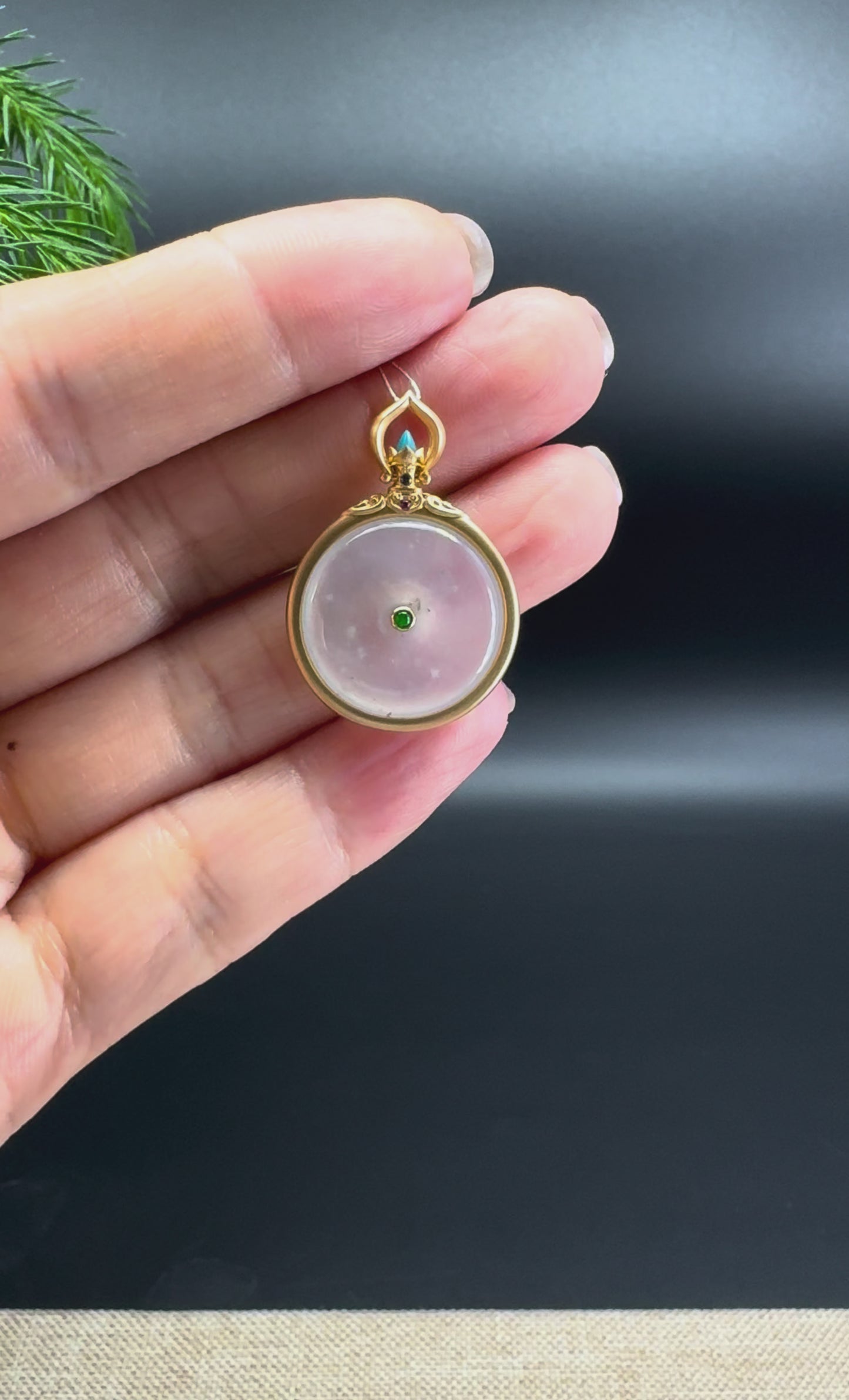 Load and play video in Gallery viewer, &amp;quot;Good Luck Button&amp;quot; Icy Jadeite Jade Lucky KouKou Pendant With 18K Yellow Gold Bail
