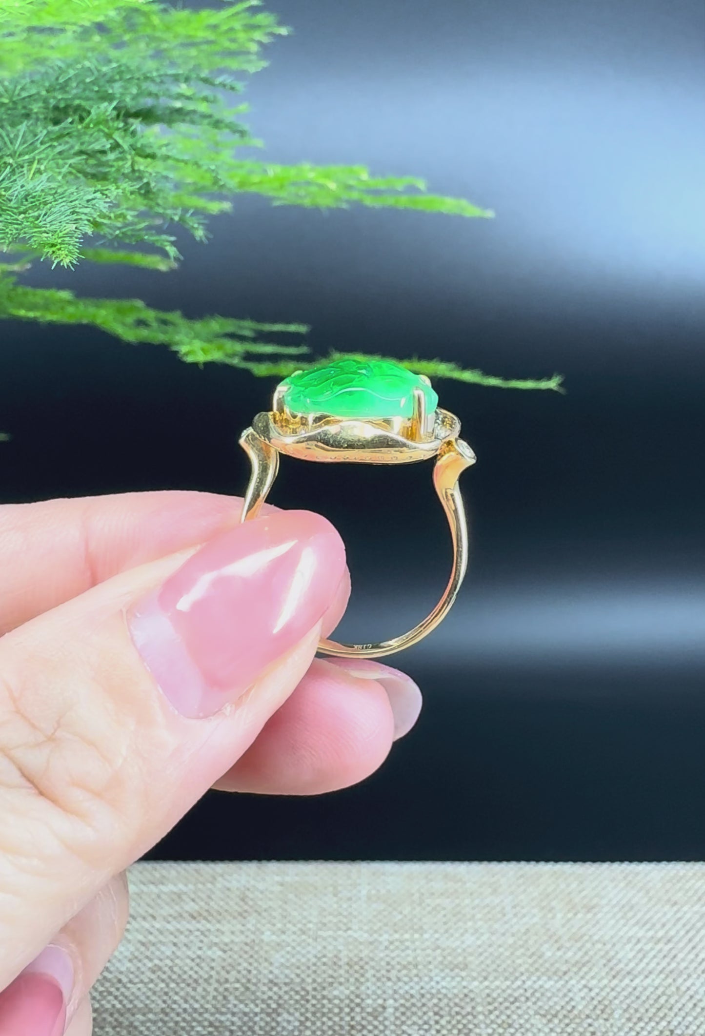 RealJade® "Signature Signet" 18K Yellow Gold Icy Green Jadeite Jade Lotus Leaf Ring