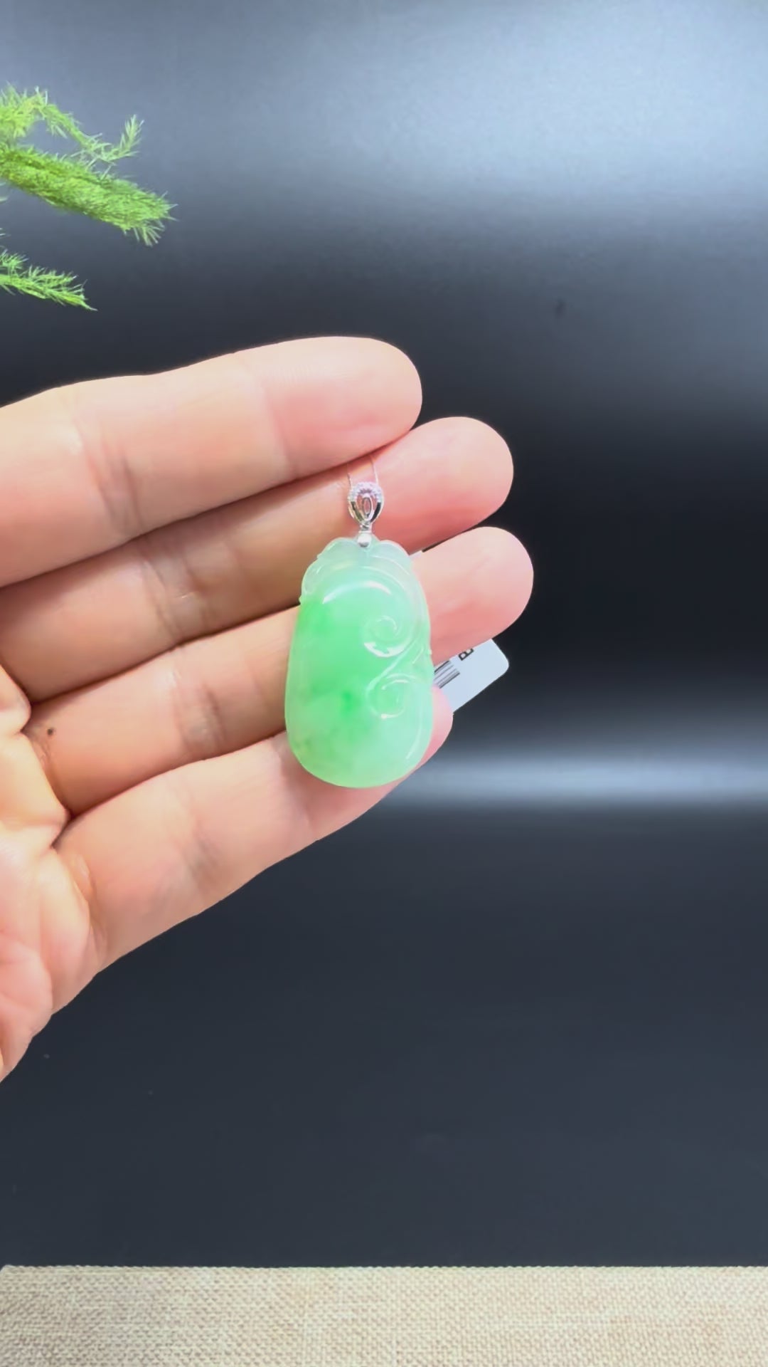 Load and play video in Gallery viewer, RealJade® Co. Genuine Green Jadeite Jade Good Luck RuYi Necklace With 18K White Gold Diamonds Bail
