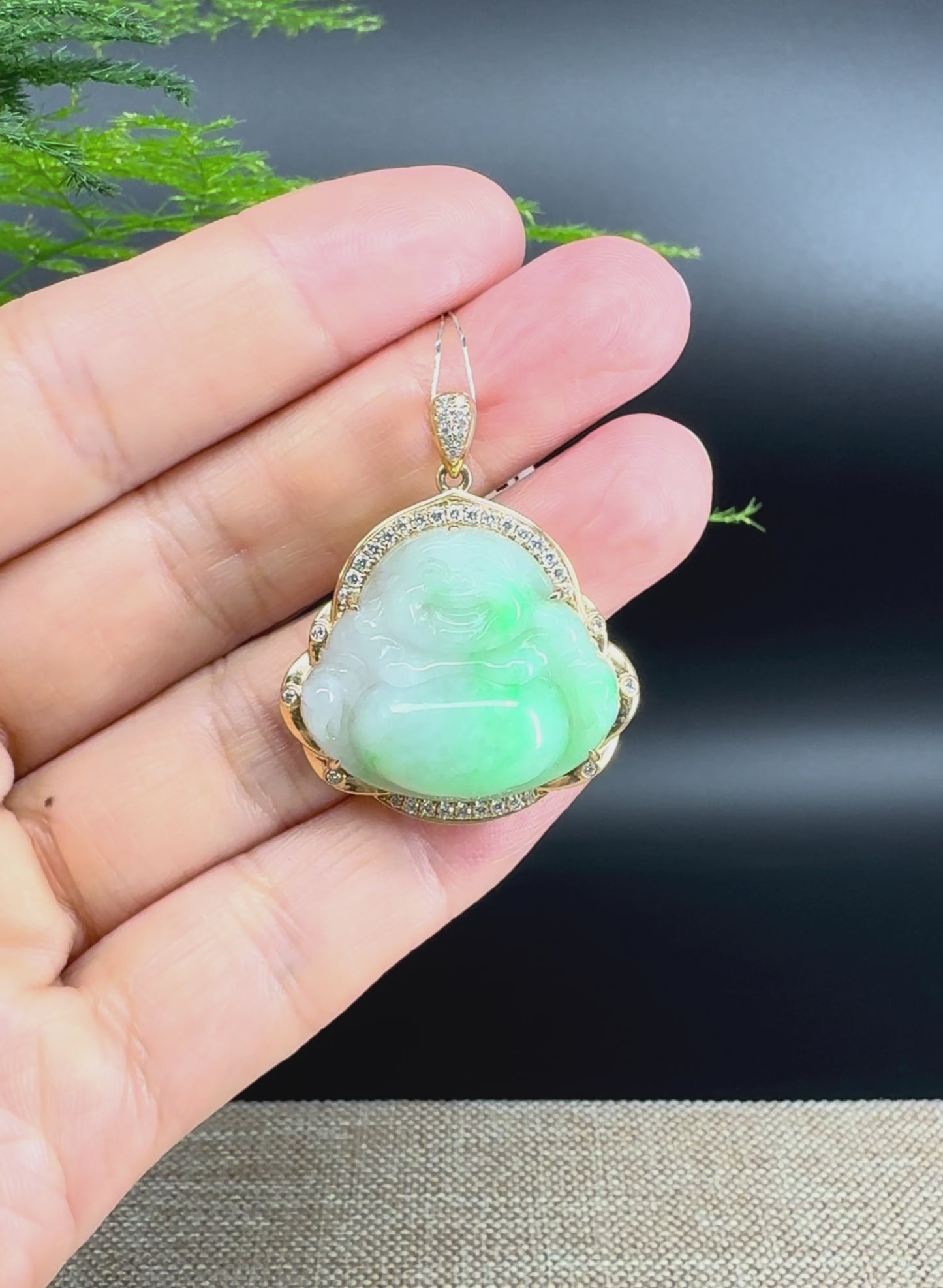Load and play video in Gallery viewer, 14K Yellow Gold Burmese Green Jadeite Jade Happy Buddha Pendant
