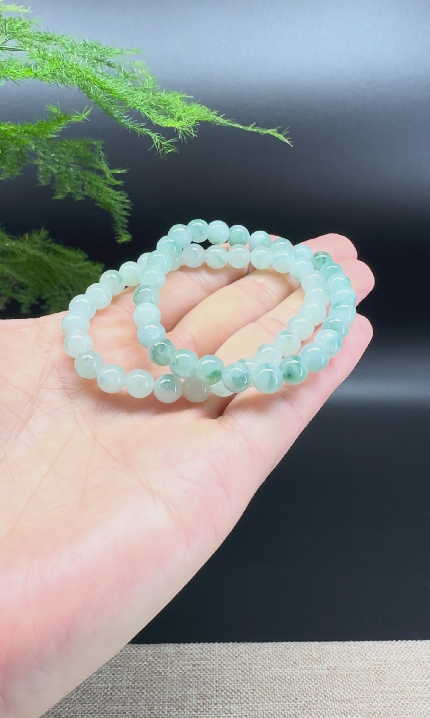 Load and play video in Gallery viewer, Natural Jadeite Jade  Round Icy Green Beads Bracelet ( 6.6mm )
