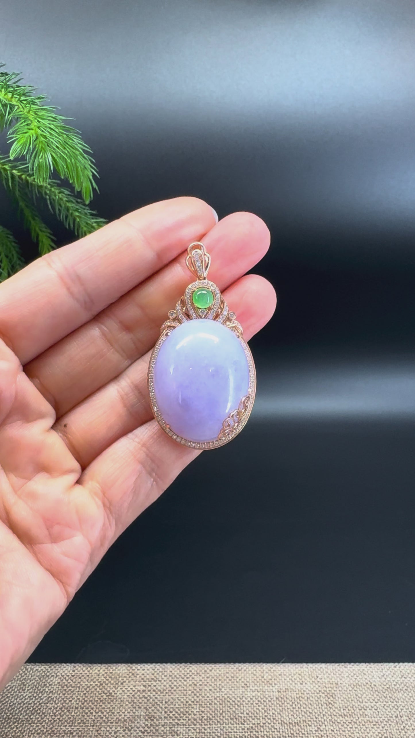 Load and play video in Gallery viewer, RealJade® Co. Luxury Genuine Lavender Jadeite Jade Cabochon Necklace With 18K Rose Gold Diamond Bail
