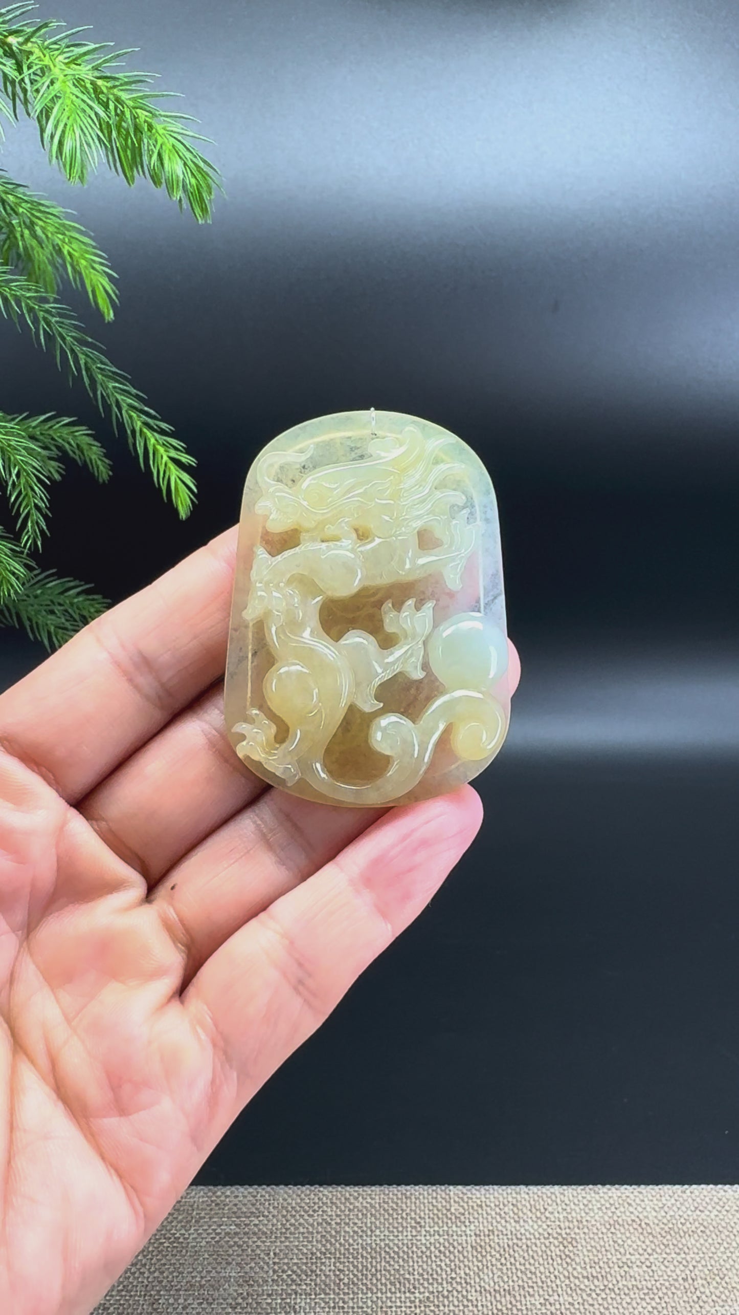 Load and play video in Gallery viewer, RealJade® Co. Natural Icy Yellow Jadeite Jade Dragon Pendant
