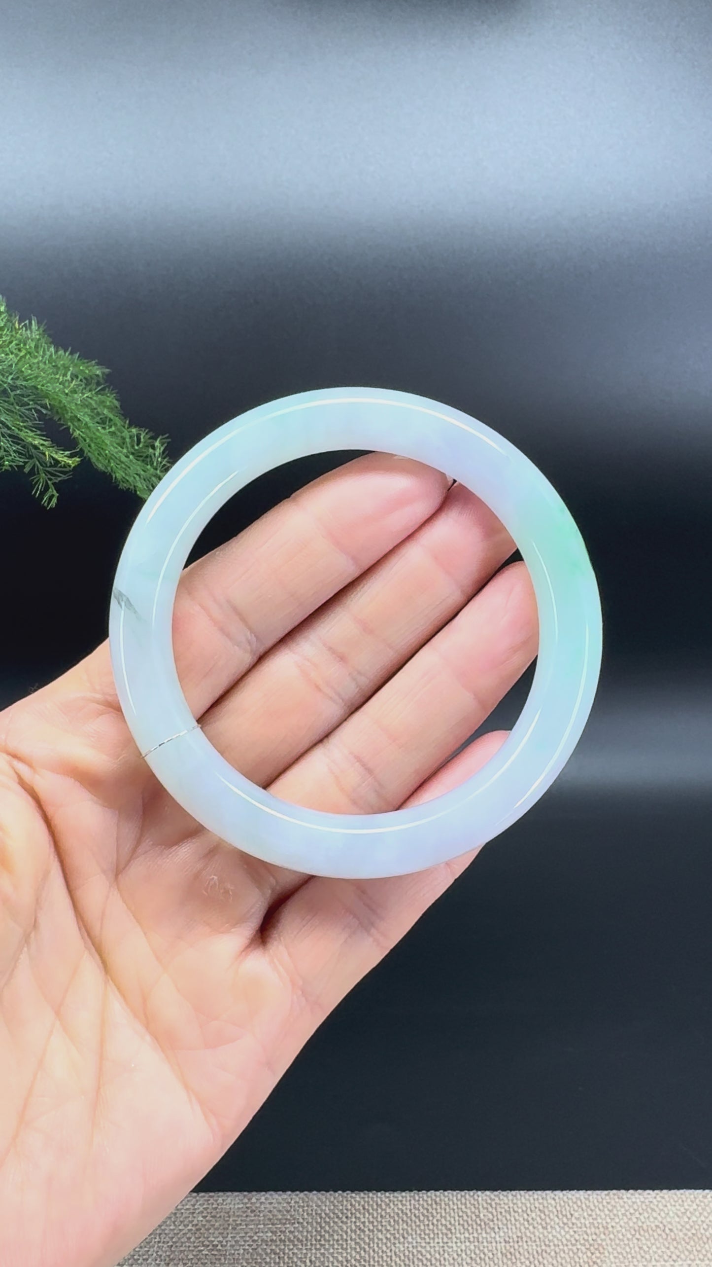 Load and play video in Gallery viewer, Genuine Burmese Icy Green Jadeite Jade Bangle Bracelet ( 55.5mm )
