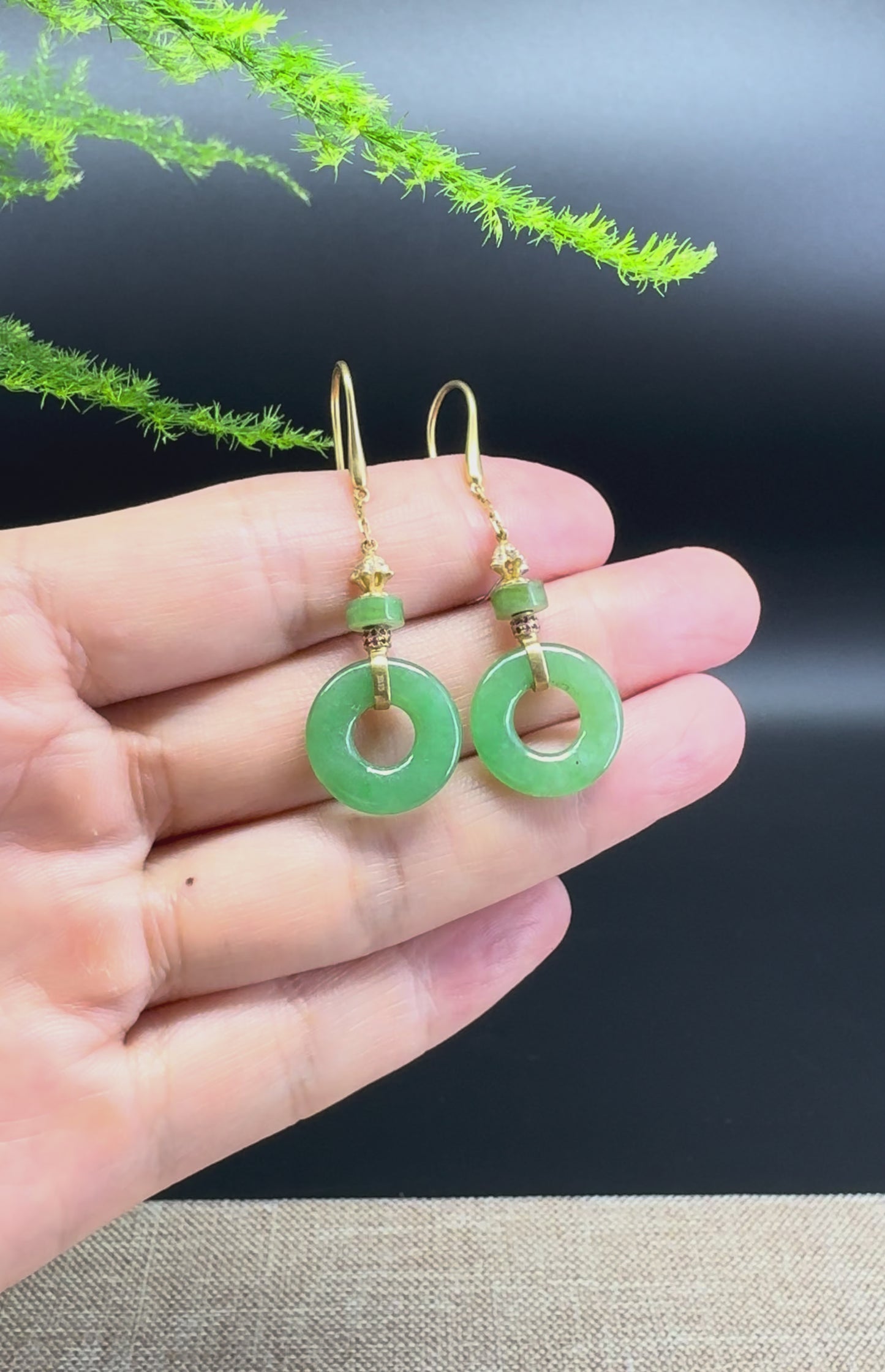 Load and play video in Gallery viewer, 18k Yellow Gold Genuine Imperial Green KouKou Jadeite Jade Earrings With Diamonds

