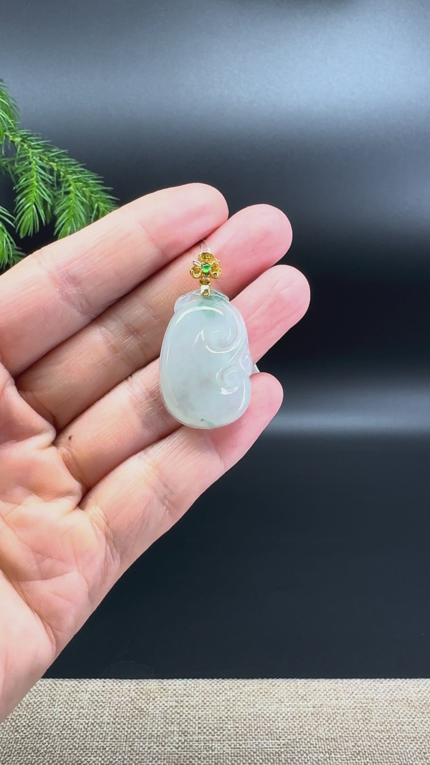 RealJade® Co. Genuine Burmese Icy Green Jadeite Jade RuYi Pendant with 18k Yellow Gold Bail