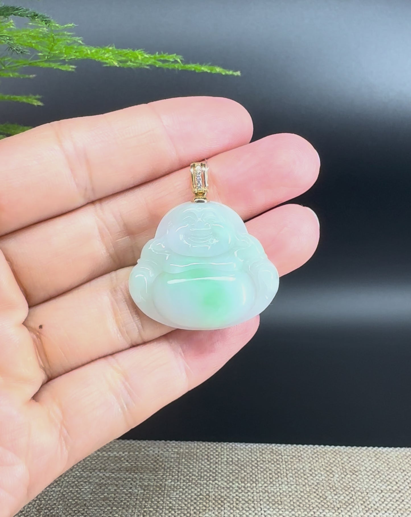 Load and play video in Gallery viewer, 14K Yellow Gold Natural Burmese Green Jadeite Jade Happy Buddha Pendant with Gold Diamond Bail
