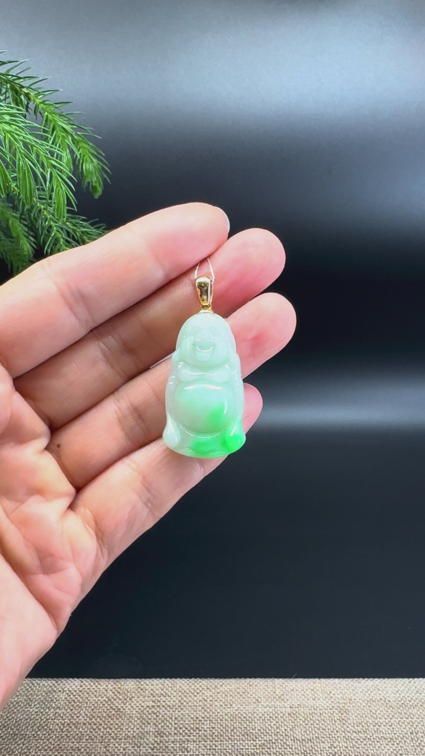 Load and play video in Gallery viewer, 14K Yellow Gold Burmese White Green(BDQ) Jadeite Jade Happy Buddha Pendant
