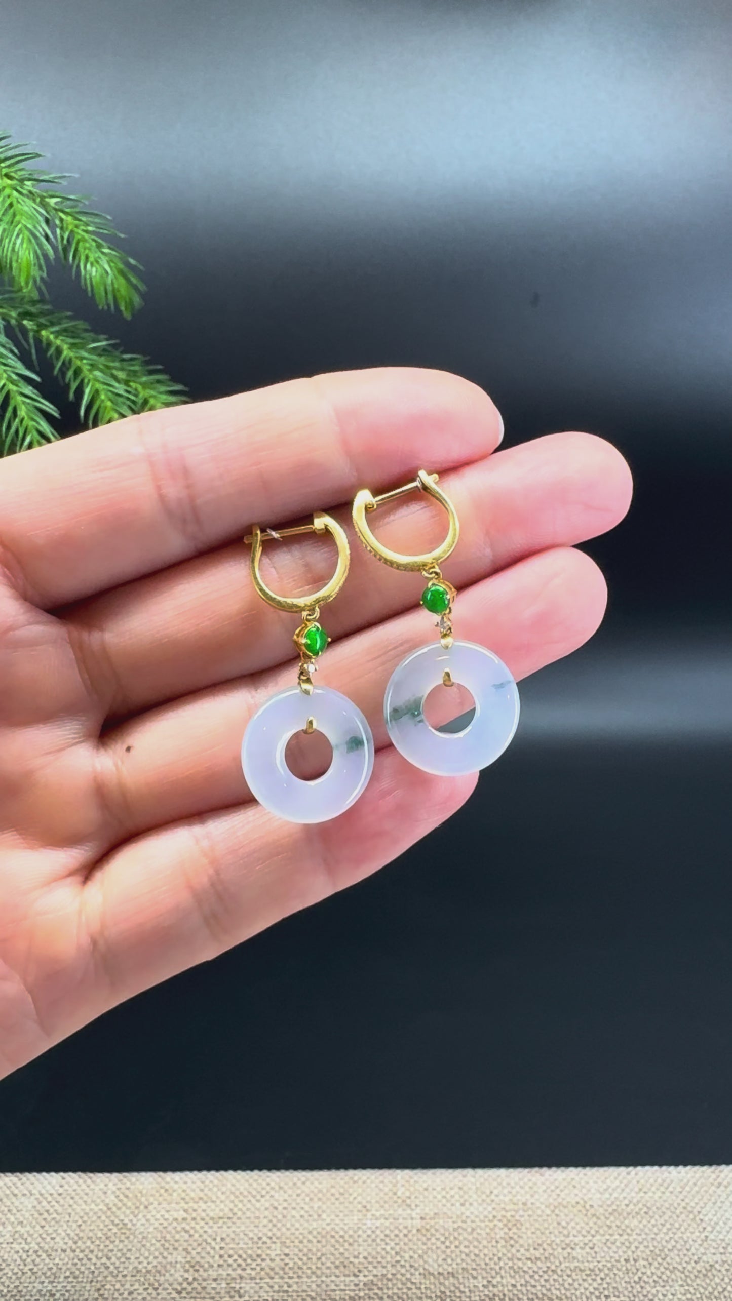 Load and play video in Gallery viewer, 18k Yellow Gold Genuine Icy Lavender Green  KouKou Jadeite Jade Earrings With Diamonds
