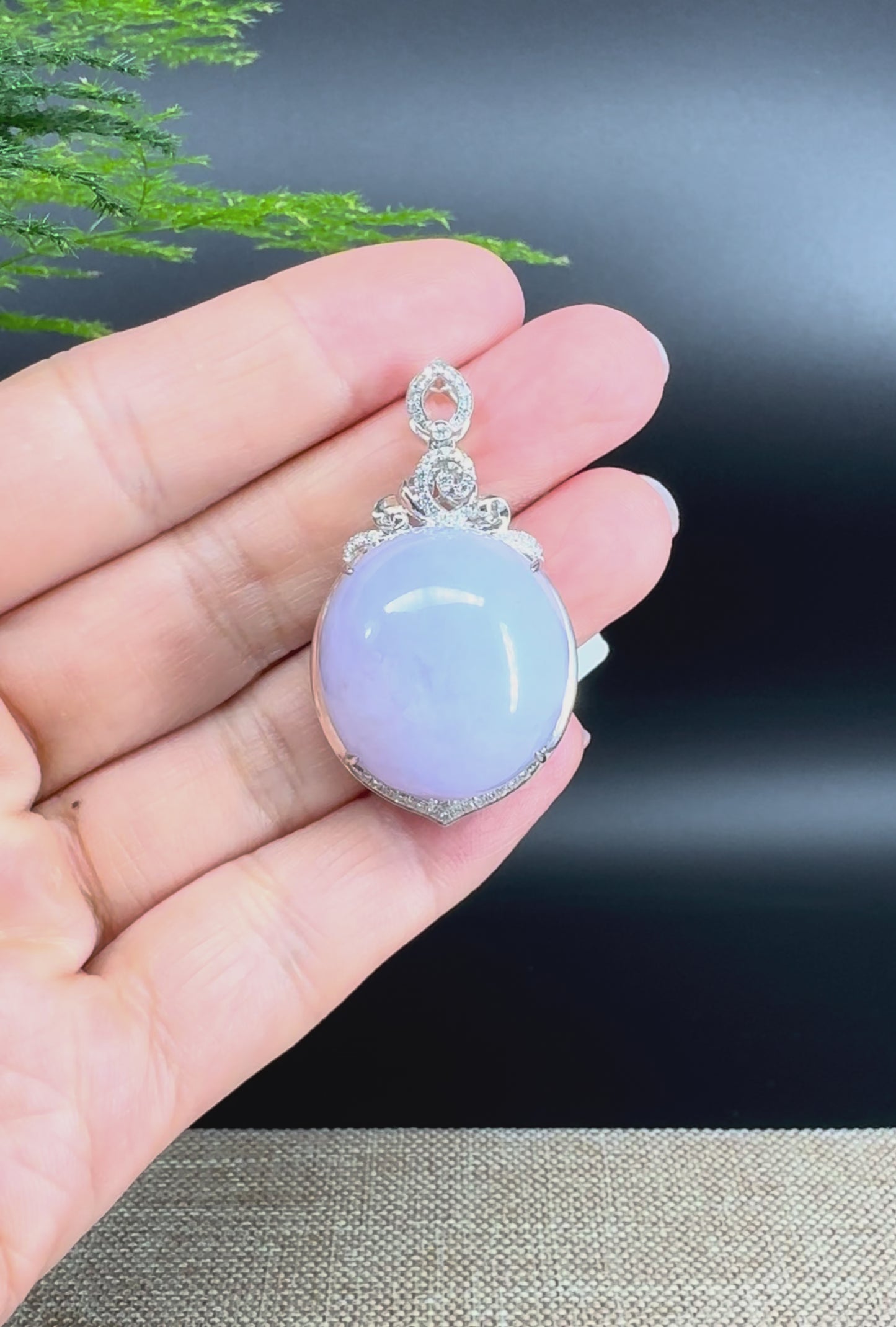 RealJade® Co. Luxury Genuine Lavender Jadeite Jade Cabochon  Necklace With 18K White Gold Diamond Bail