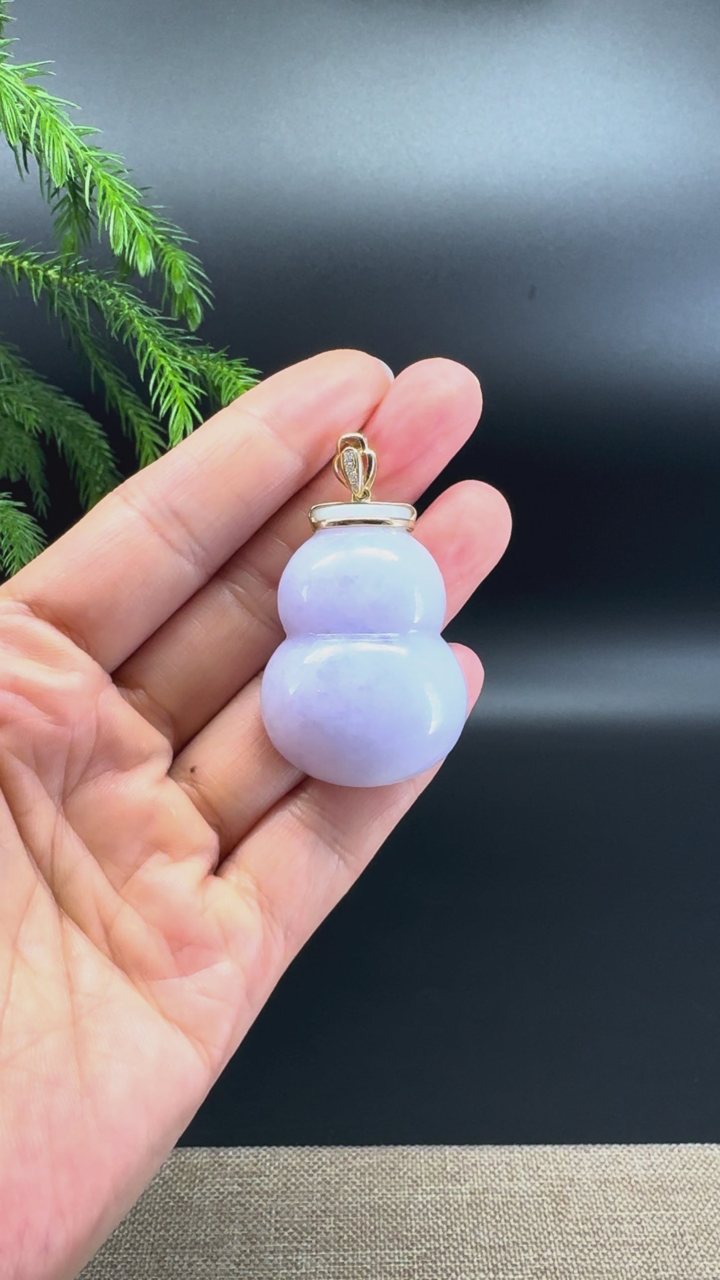Load and play video in Gallery viewer, Genuine Lavender Jadeite Jade Hulu Necklace With 14K Yellow Gold Diamonds Bail
