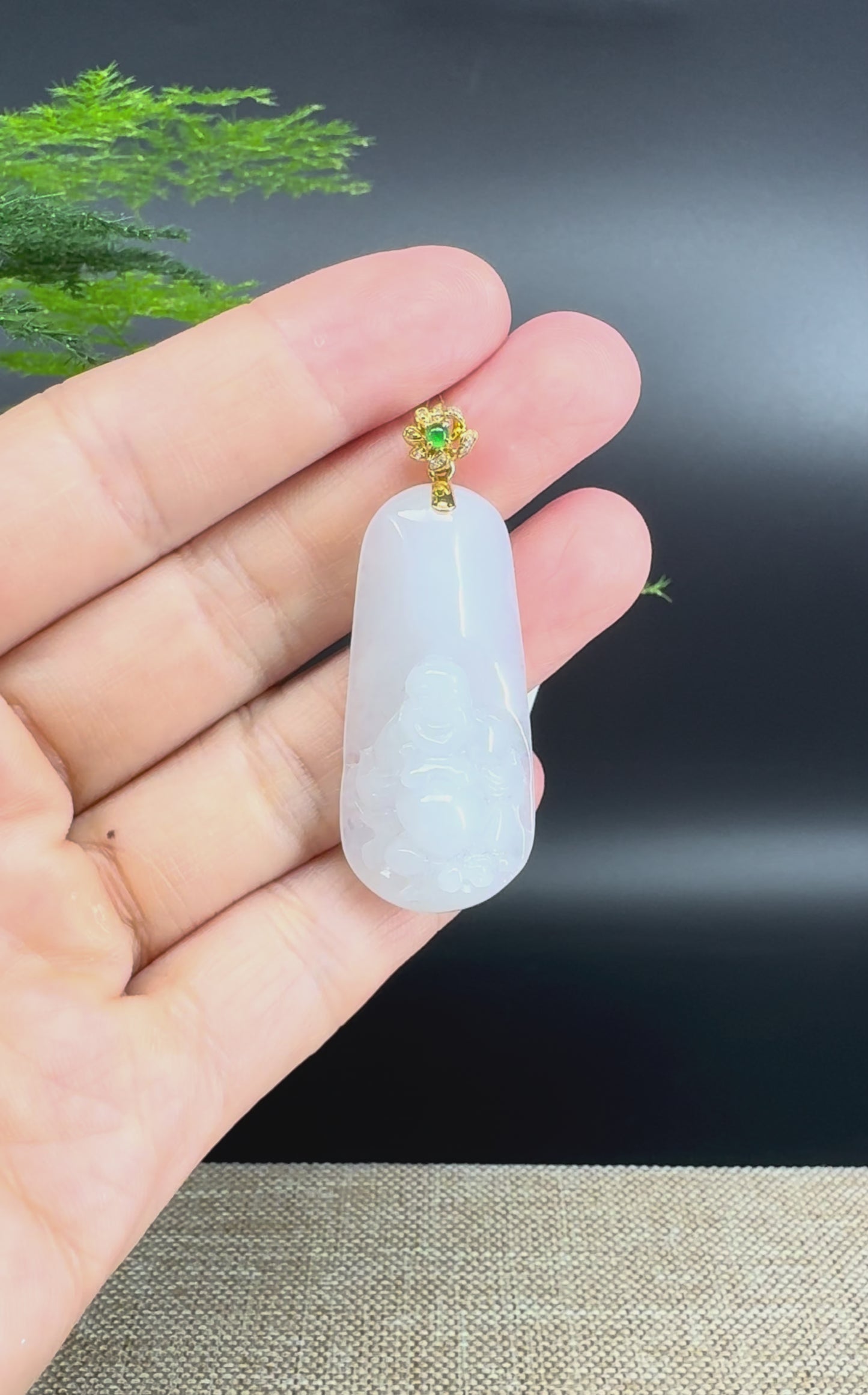 18K Yellow Gold Burmese Moonlight Jadeite Jade Happy Buddha Pendant