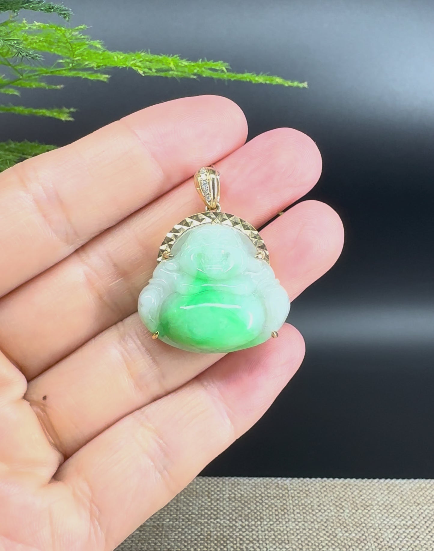 Load and play video in Gallery viewer, 14K Yellow Gold Burmese Green Jadeite Jade Happy Buddha Pendant With Diamonds
