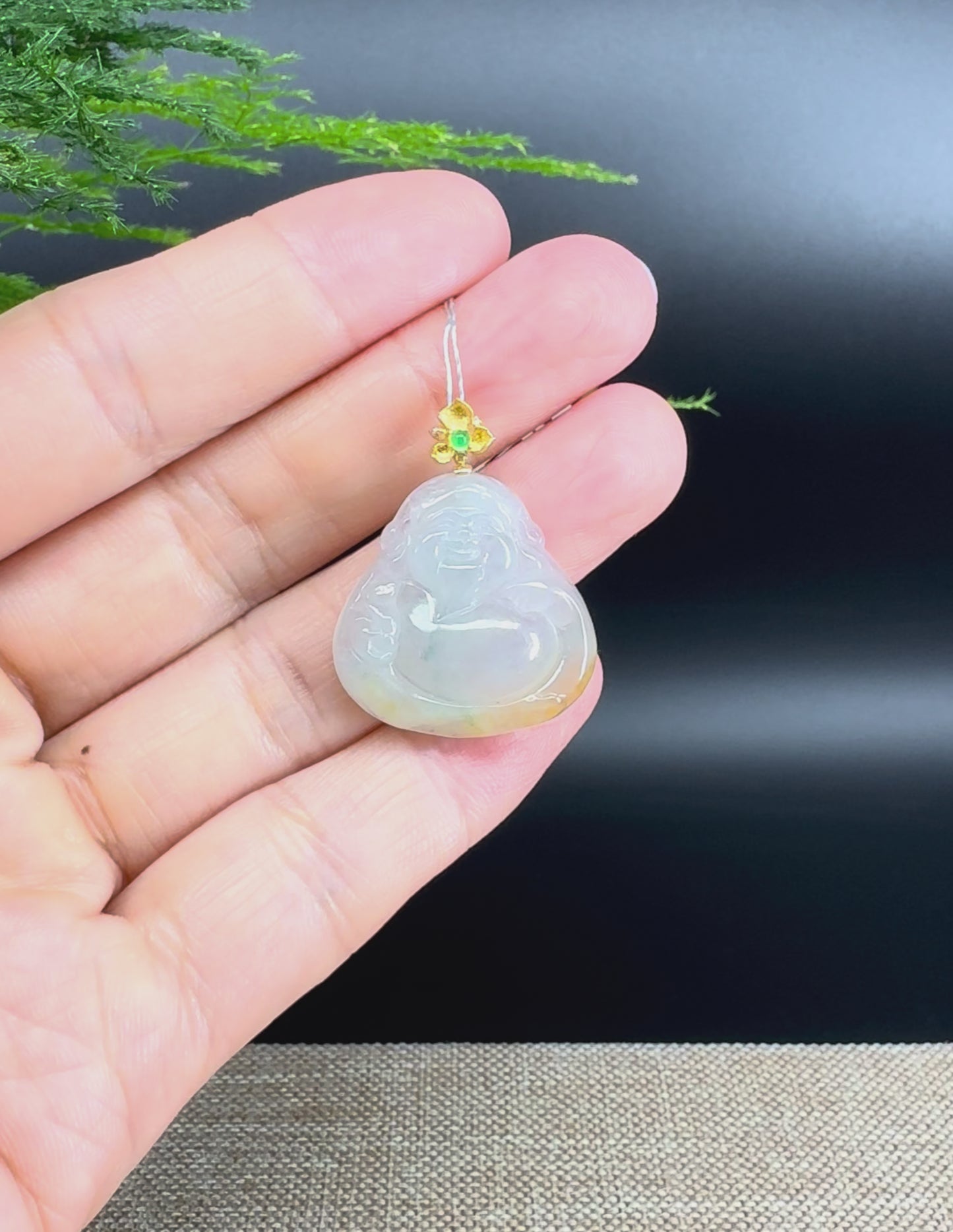 18K Yellow Gold Burmese Light Yellow Jadeite Jade Money Saint Pendant with Diamond
