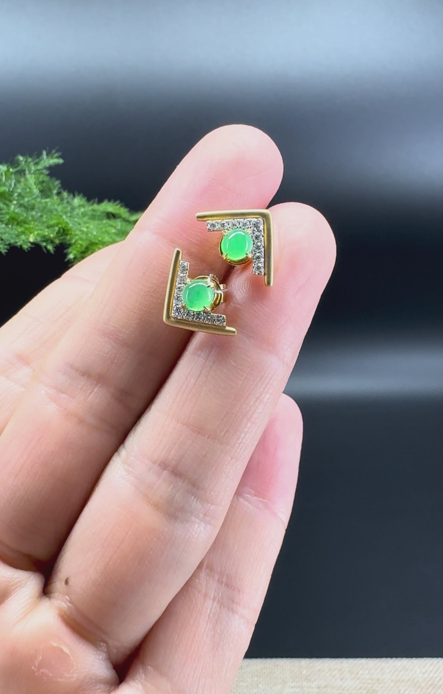 Load and play video in Gallery viewer, RealJade® 18k Yellow Gold Green Jadeite Jade Stud Earrings with Diamonds
