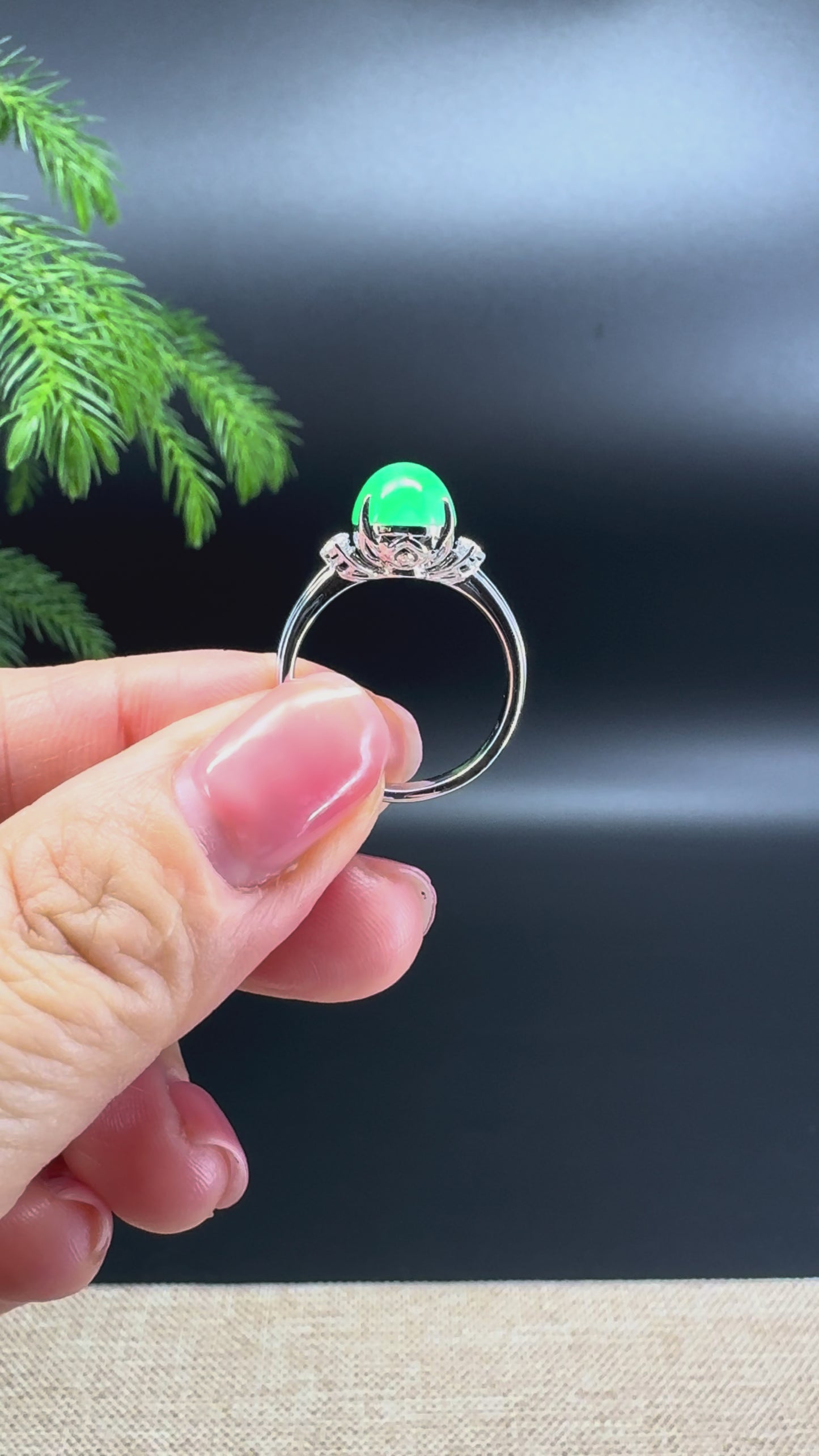 RealJade®18K White Gold Green Jadeite Jade Diamonds Ring