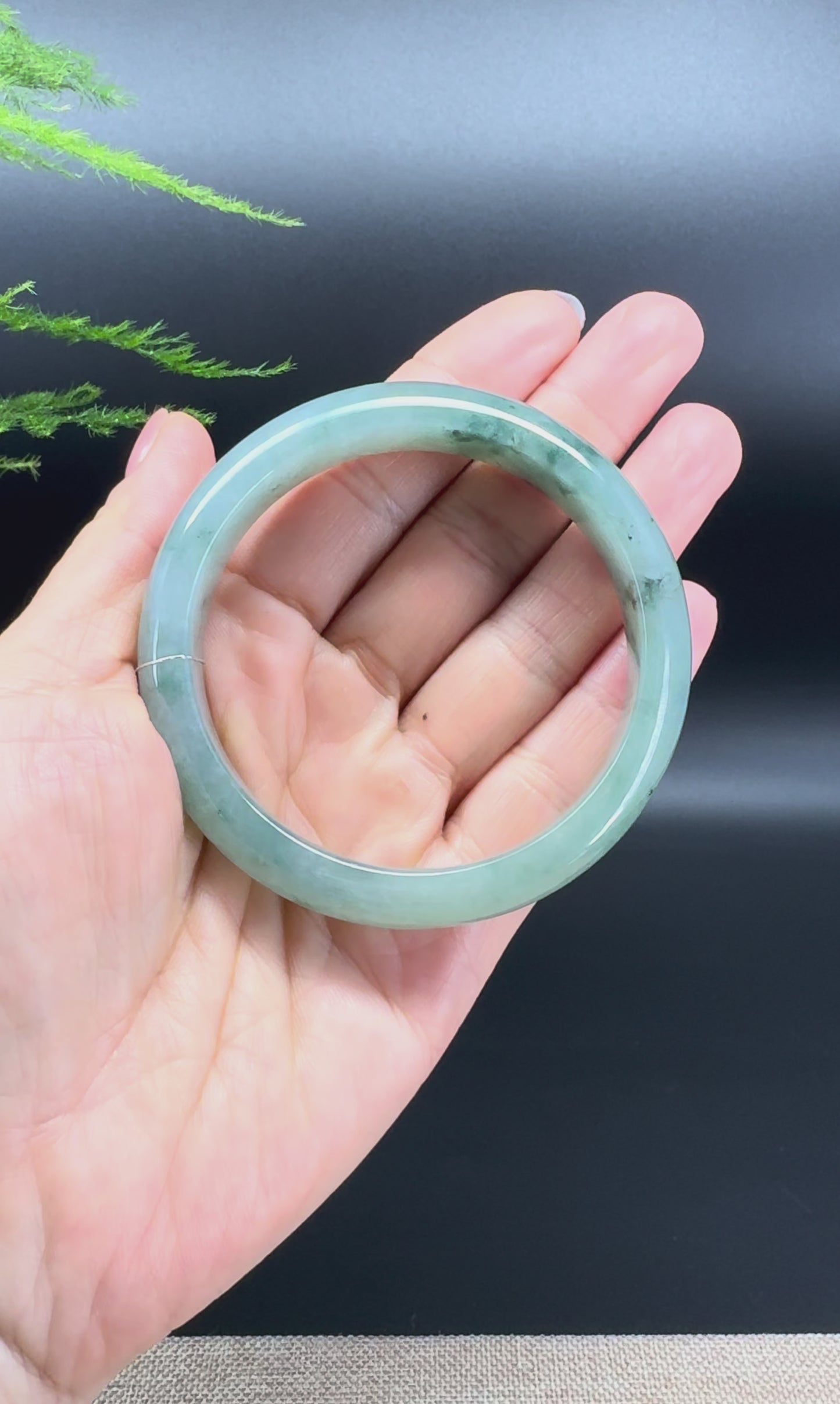 Load and play video in Gallery viewer, Genuine Burmese Oil Green Jade Jadeite Bangle Bracelet ( 57.5mm )
