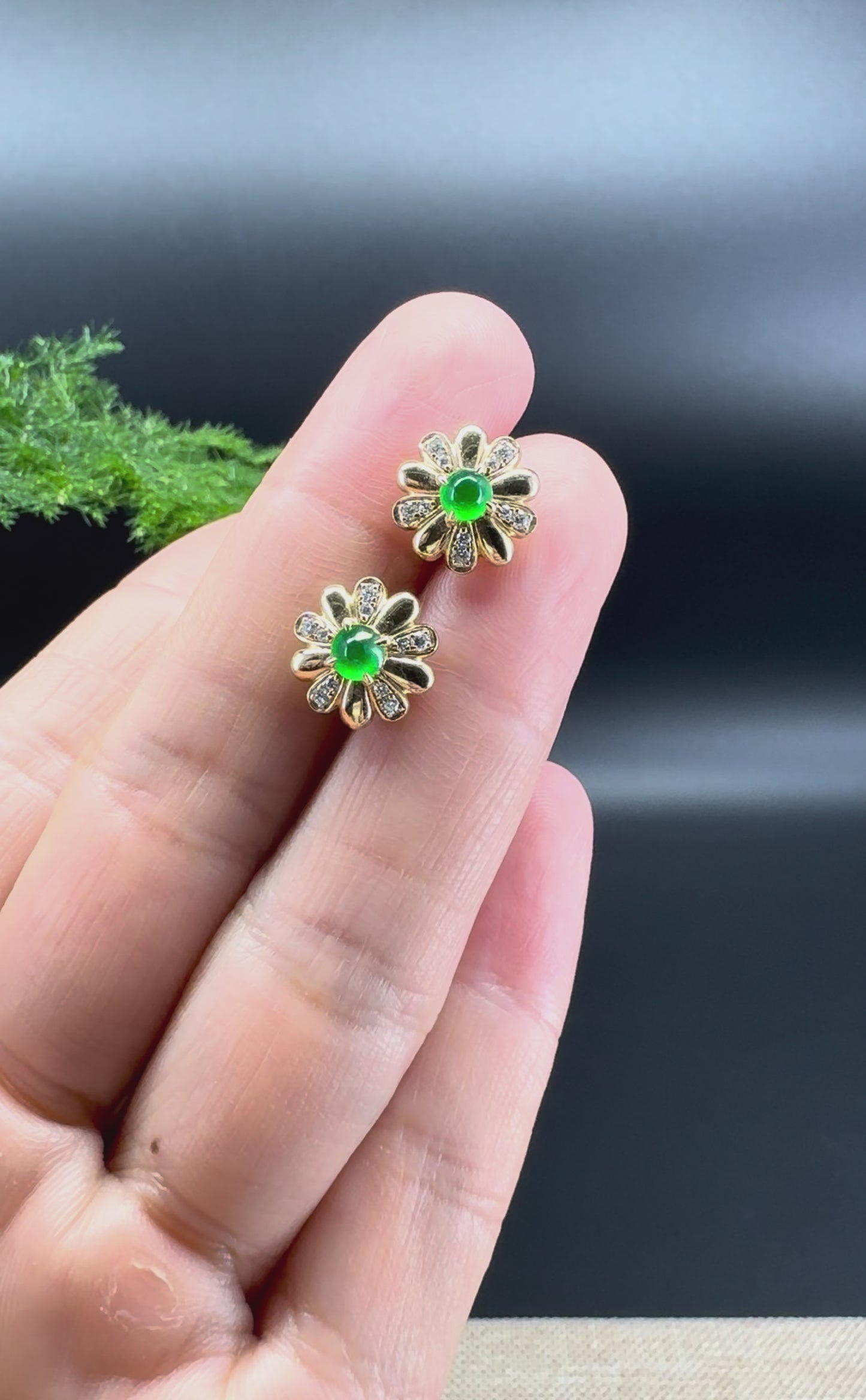 Load and play video in Gallery viewer, RealJade® 18k Yellow Gold Classic Imperial Green Jade Flower Stud Earrings with Diamonds
