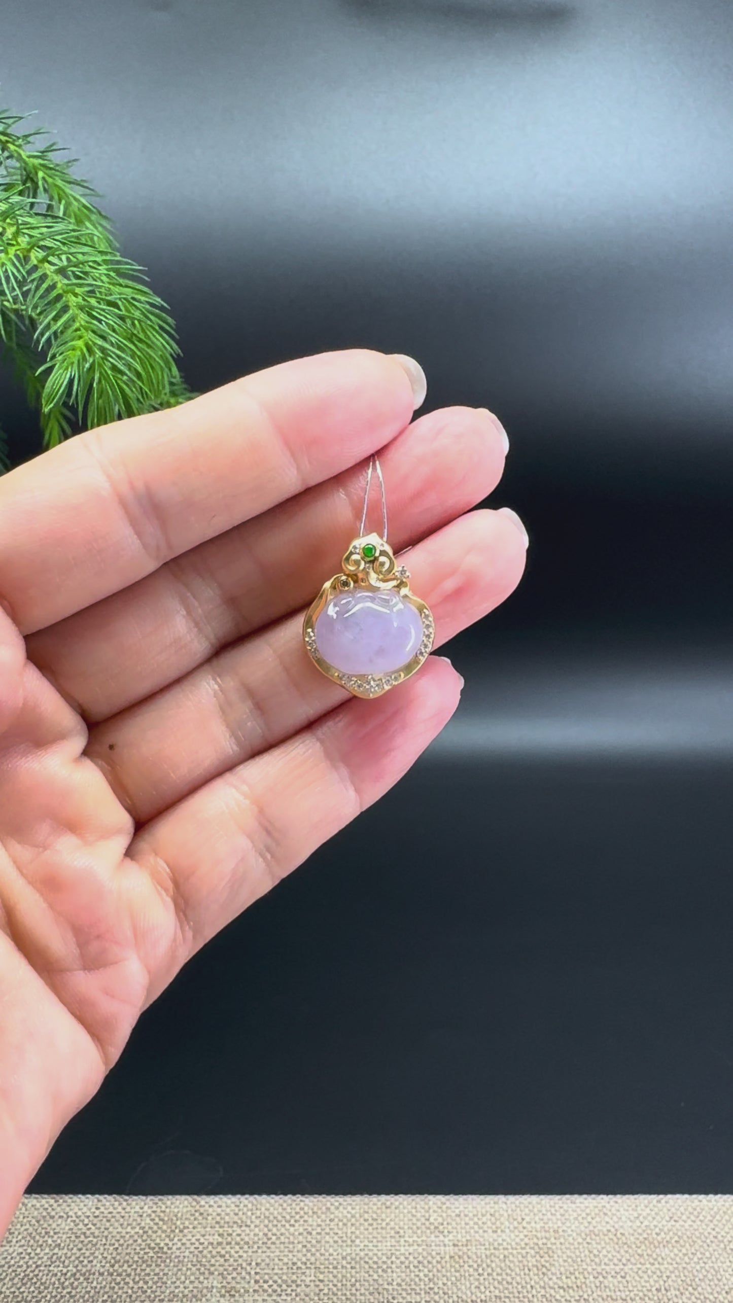 Load and play video in Gallery viewer, RealJade® Co. Genuine Pink Lavender Jadeite Jade RuYi Necklace With 18K Yellow Gold Diamonds Bail
