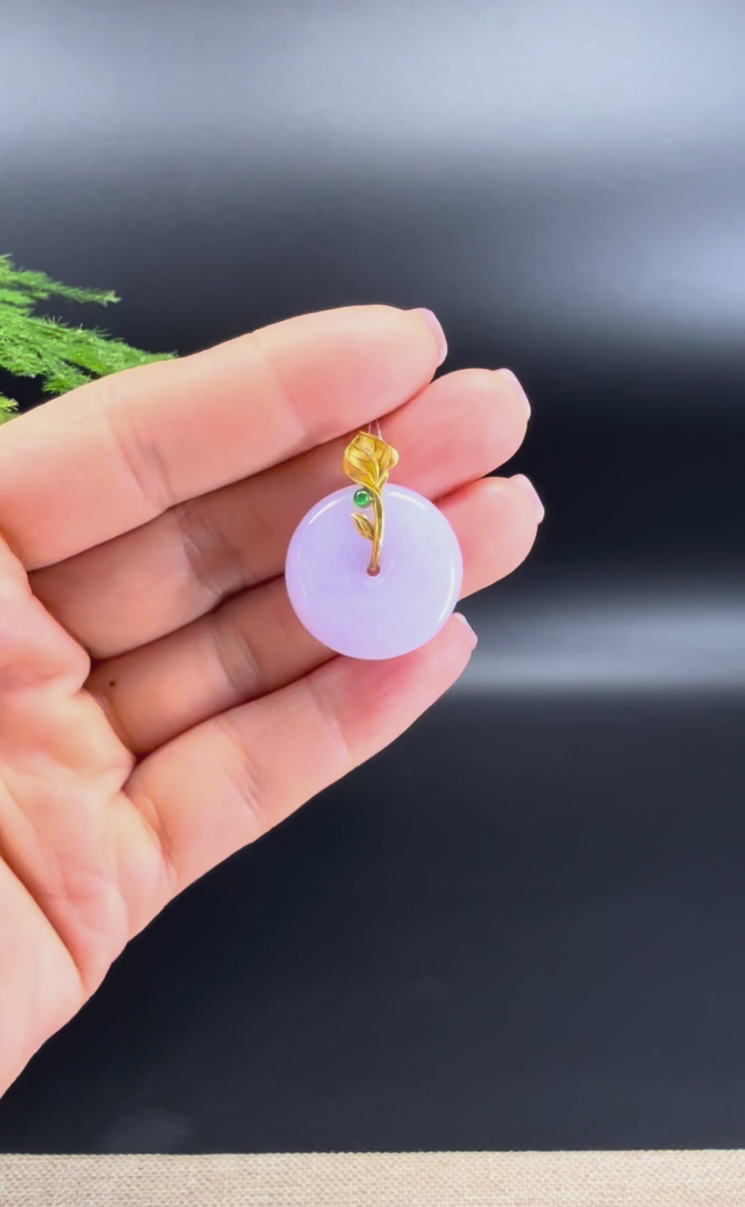 Load and play video in Gallery viewer, &amp;quot;Good Luck Button&amp;quot; Lavender Jadeite Jade Lucky KouKou Pendant With 18K Yellow Gold  Bail
