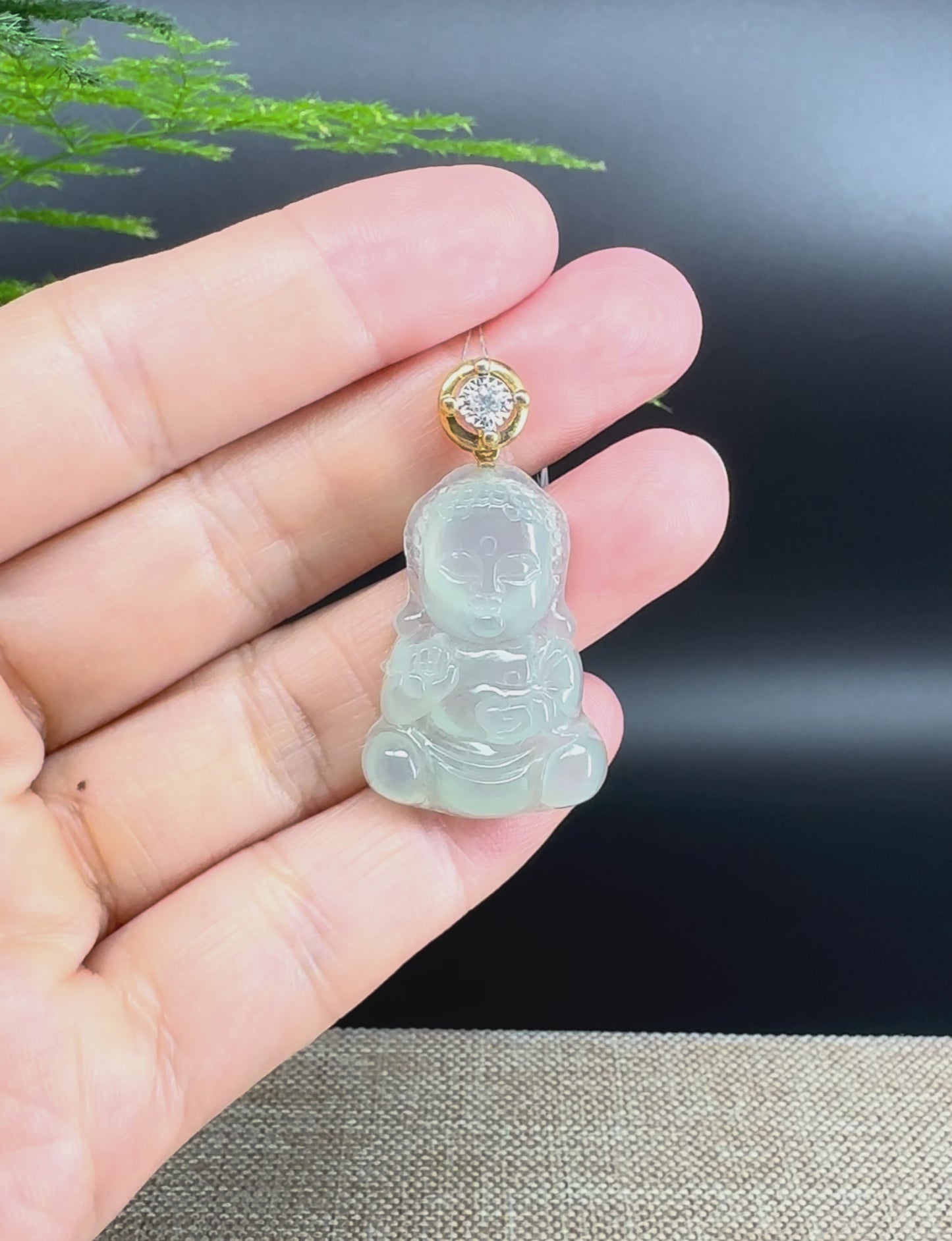 18K Yellow Gold Burmese Icy Green Jadeite Jade Happy Baby Buddha Pendant
