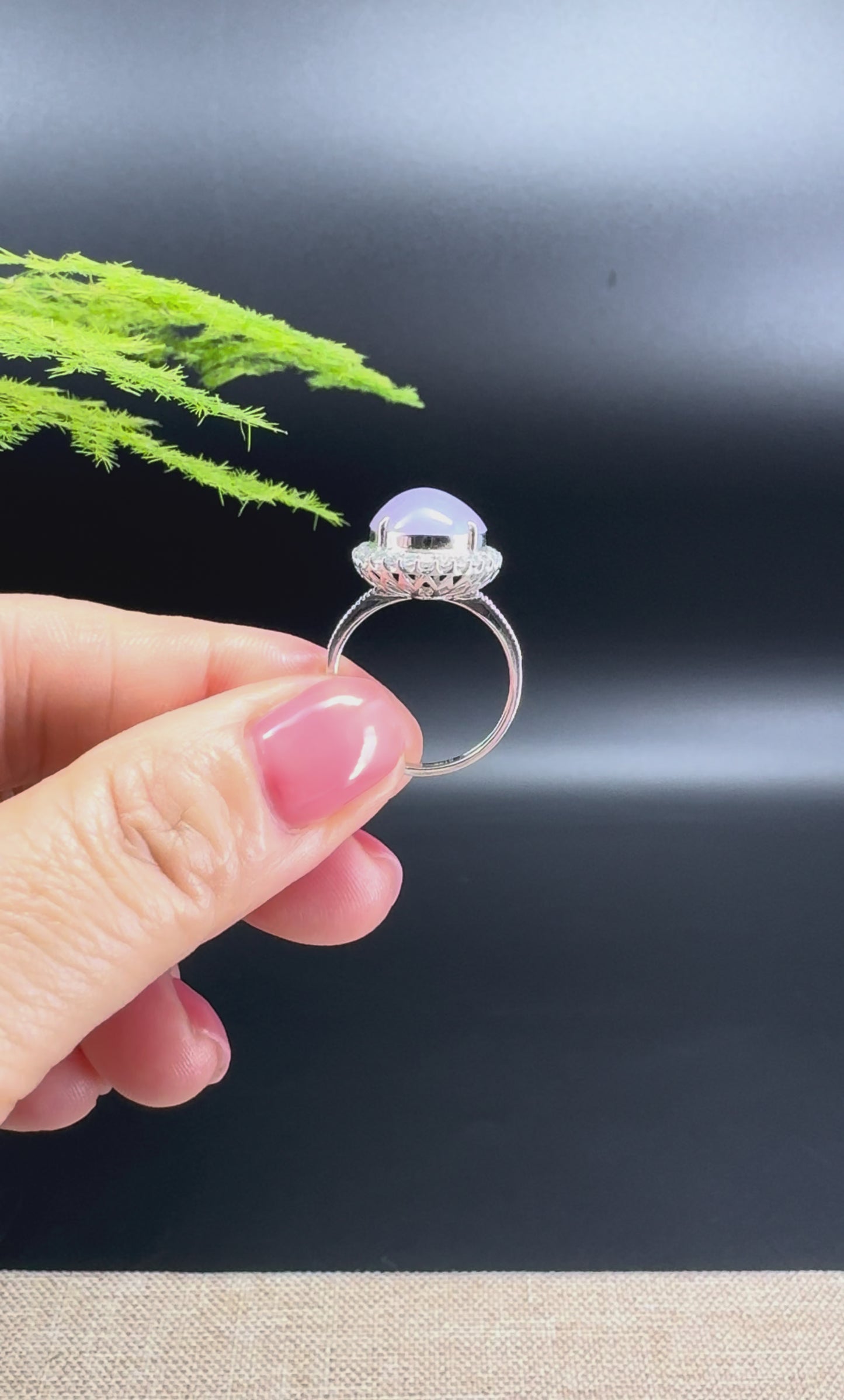 18k White Gold Natural Rich Lavender Oval Jadeite Jade Engagement Ring With Diamonds