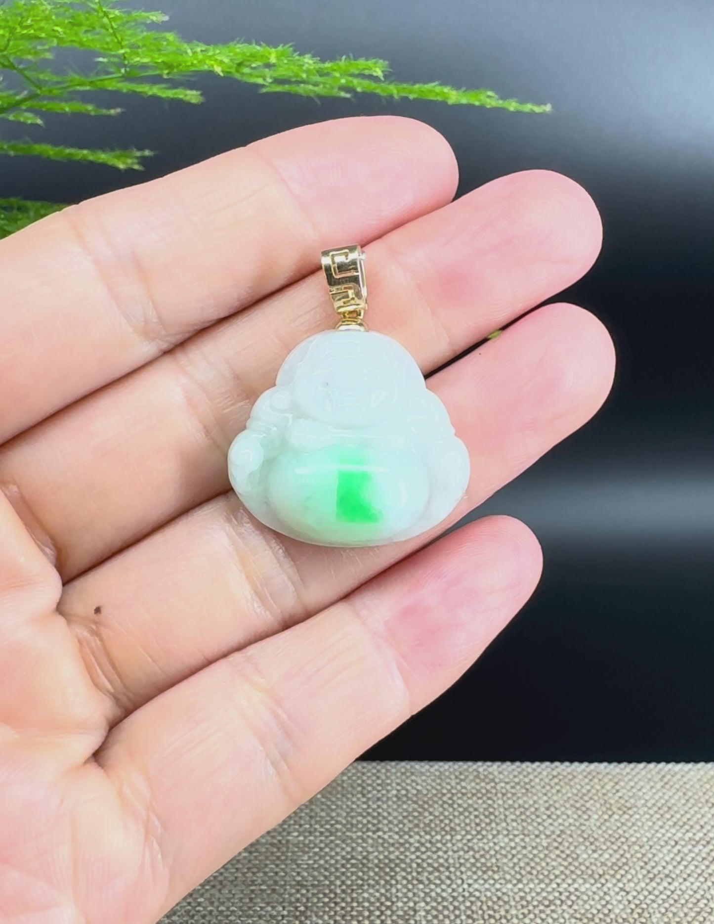 Load and play video in Gallery viewer, 14K Yellow Gold Burmese White Green Jadeite Jade Happy Buddha Pendant
