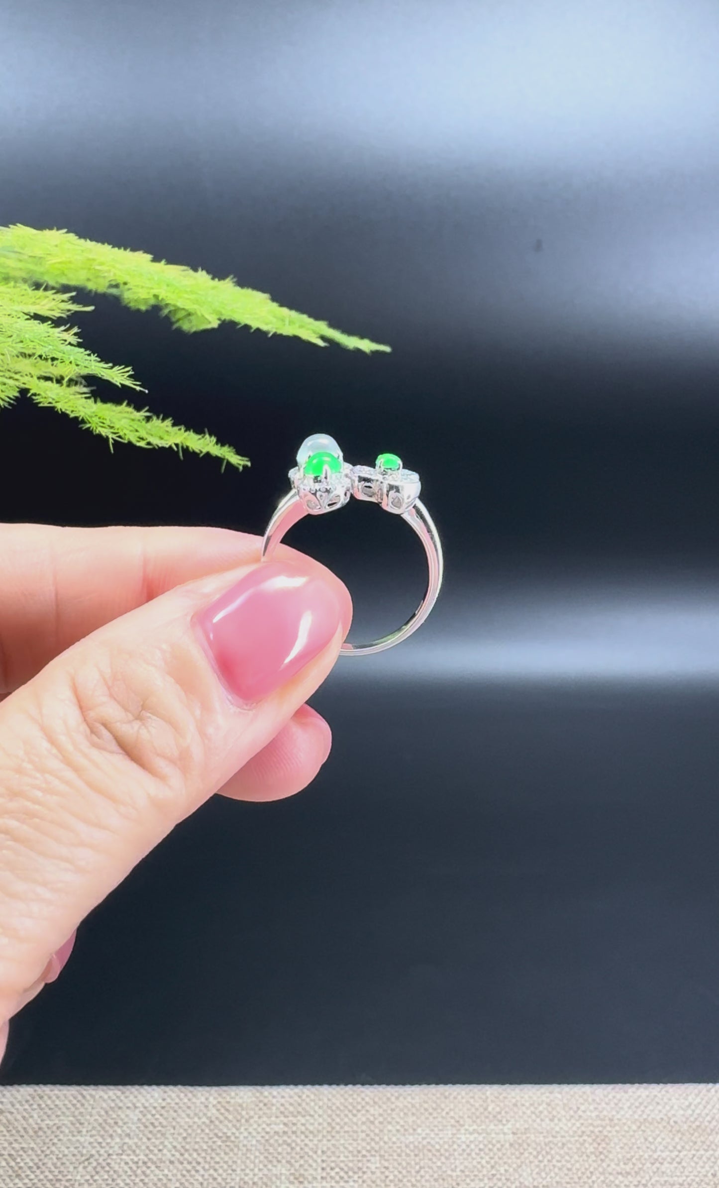 Load and play video in Gallery viewer, RealJade® 18k White Gold Natural Ice green &amp;amp; Imperial Cherry and Clover Jadeite Engagement Ring With Diamonds
