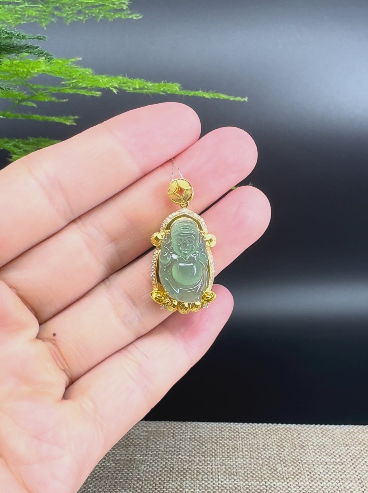 Burmese Icy Green Jadeite Jade Money Saint Pendant With 18K Yellow Gold Diamonds Bail