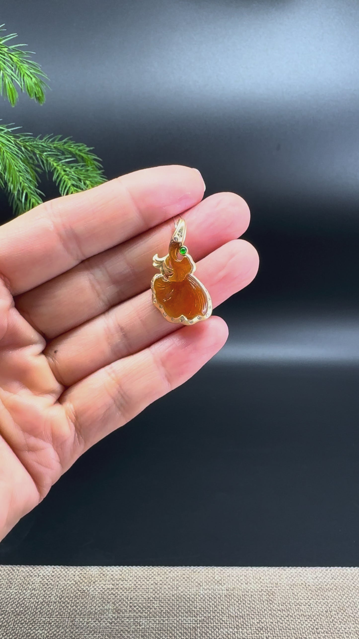RealJade® "Ginkgo Leaf" 18K Yellow Gold Red Jadeite Jade Pendant Necklace With Diamonds