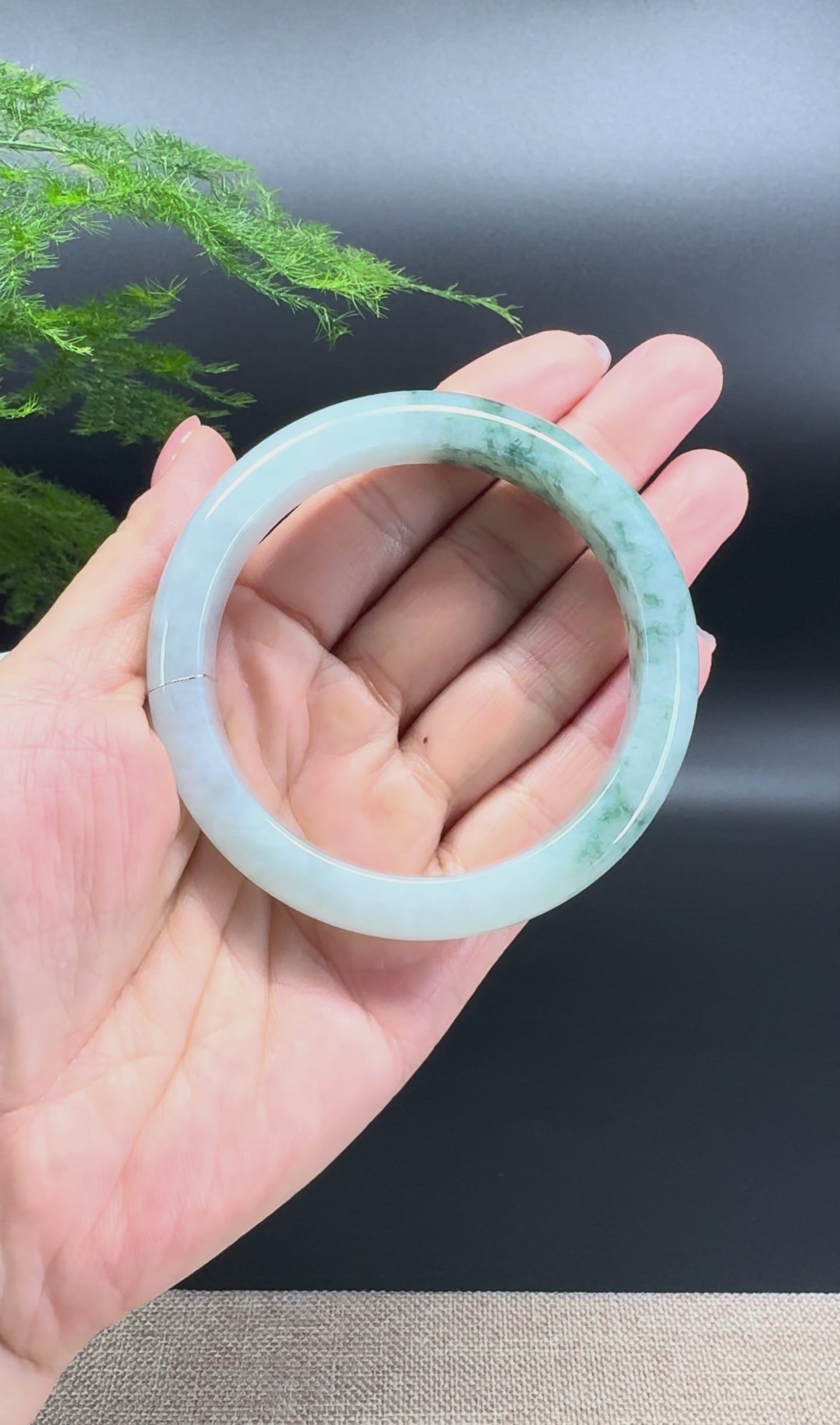 Load and play video in Gallery viewer, Genuine Burmese Icy Green Jadeite Jade Bangle Bracelet (58.2mm)
