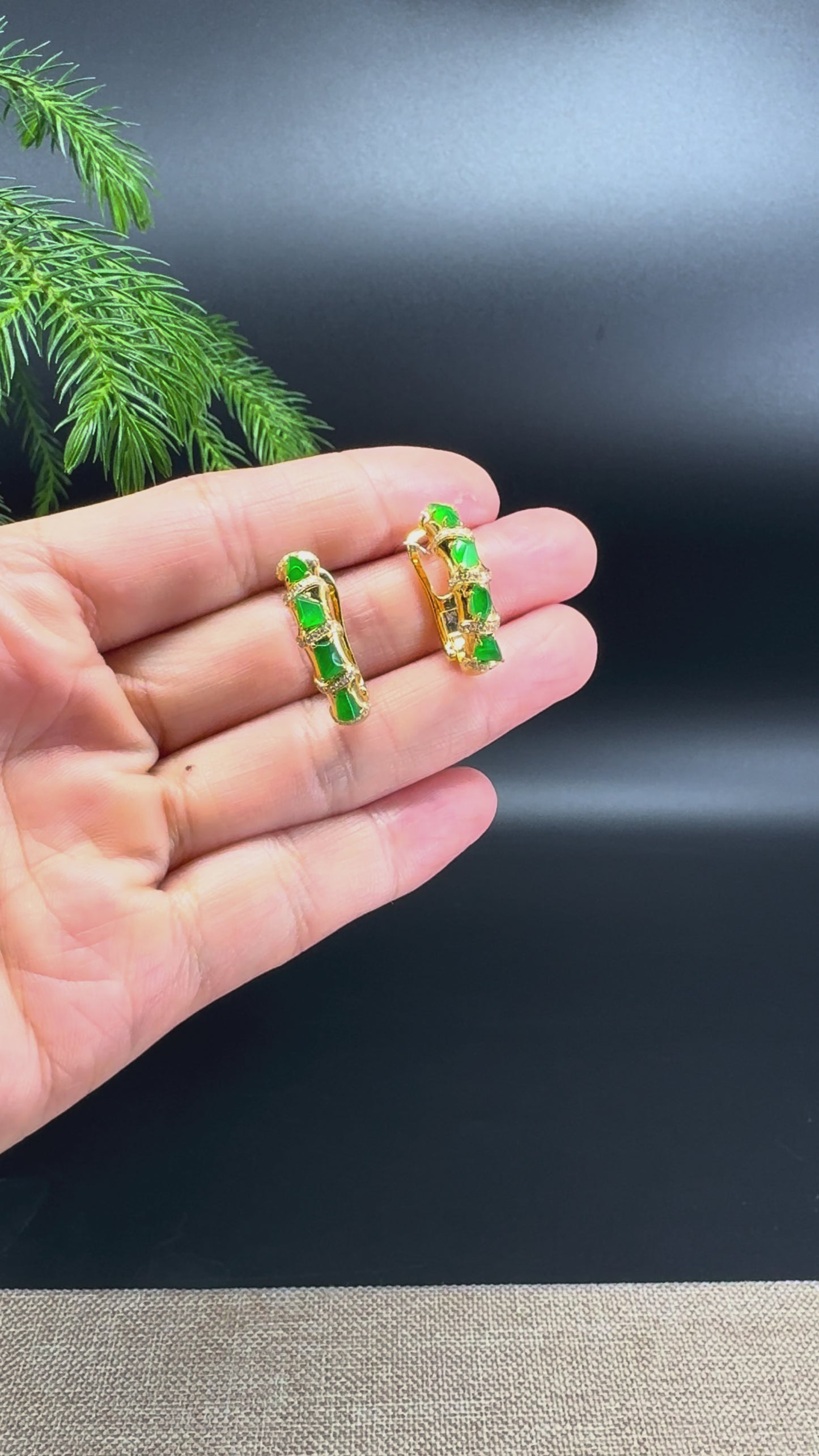 18k Yellow Gold Genuine Green Jadeite Jade Bamboo Earrings With Diamonds