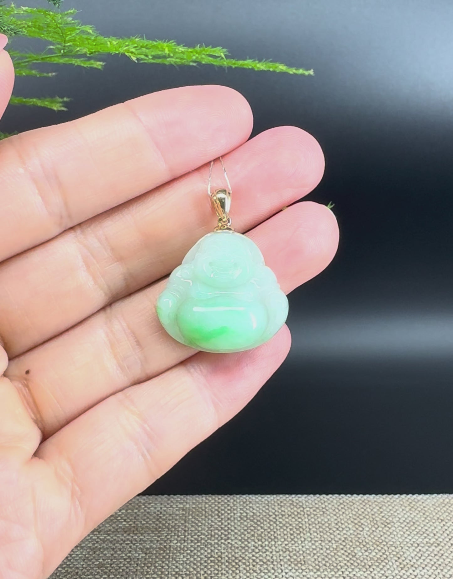 Load and play video in Gallery viewer, 14K Yellow Gold Burmese Green Jadeite Jade Happy Buddha Pendant
