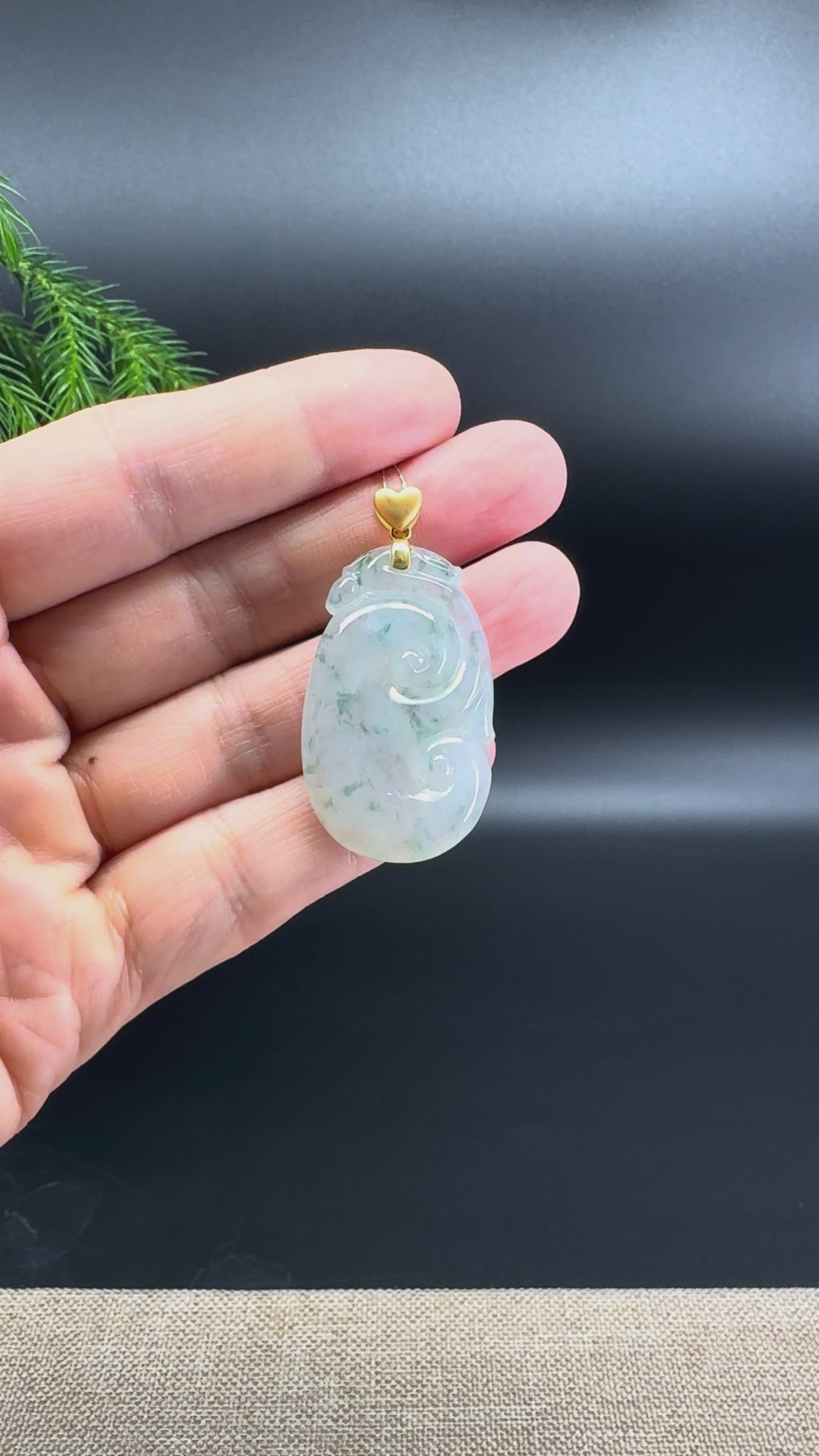 RealJade® Co. Genuine Burmese Icy Blue Flower Jadeite Jade RuYi Pendant with 18k Yellow Gold Bail