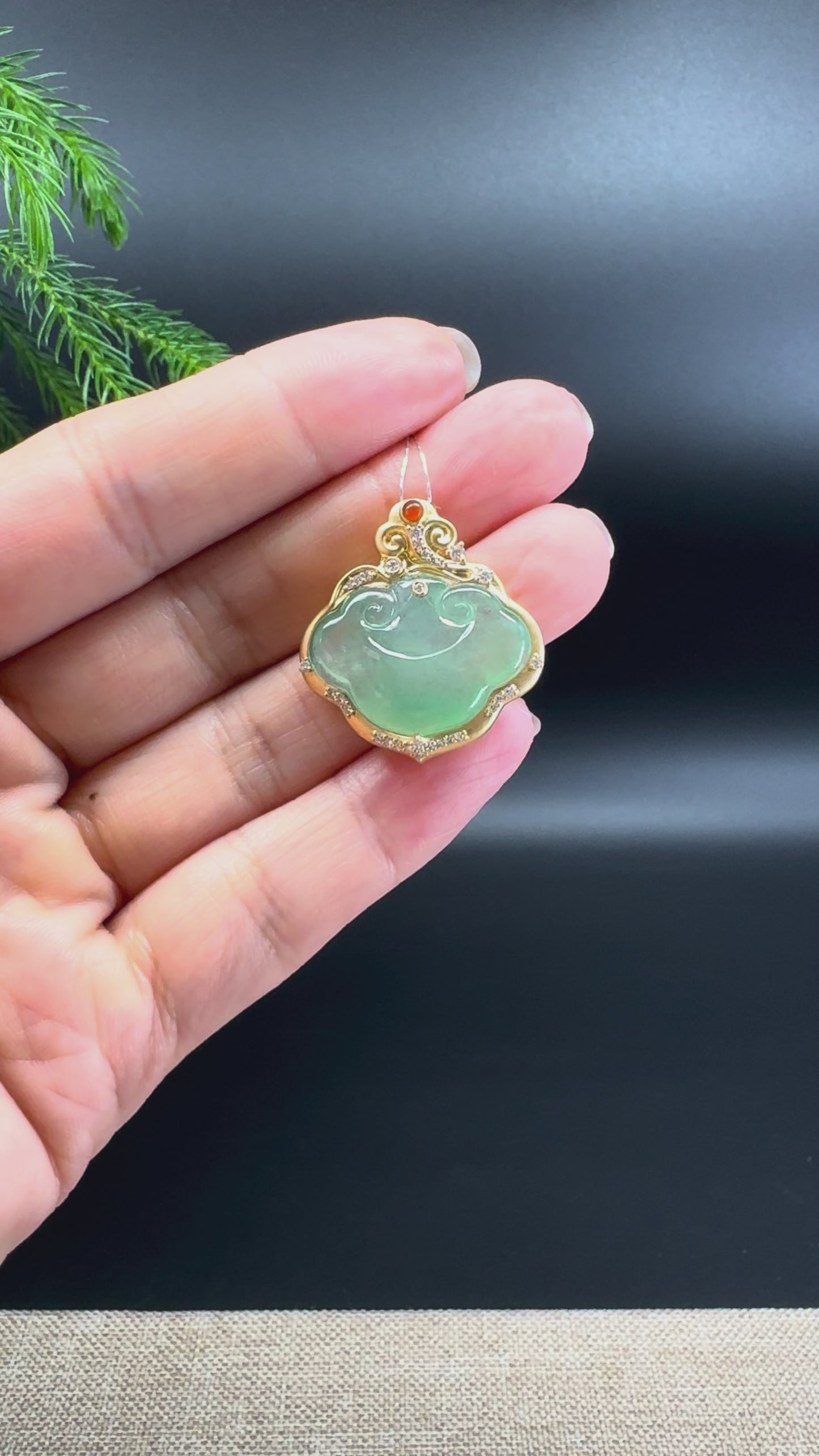 Load and play video in Gallery viewer, RealJade® Co. Genuine Light Green Jadeite Jade Ru Yi Pendant with 18k Yellow Gold Diamond Bail
