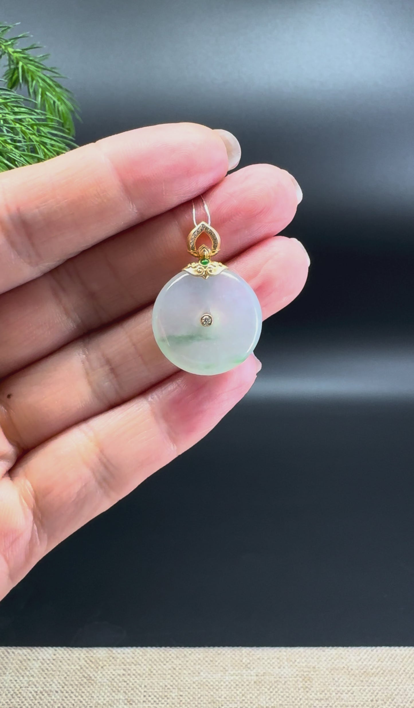 Load and play video in Gallery viewer, &amp;quot;Good Luck Button&amp;quot; Icy Green Jadeite Jade Lucky KouKou Pendant With 18K Yellow Gold Bail
