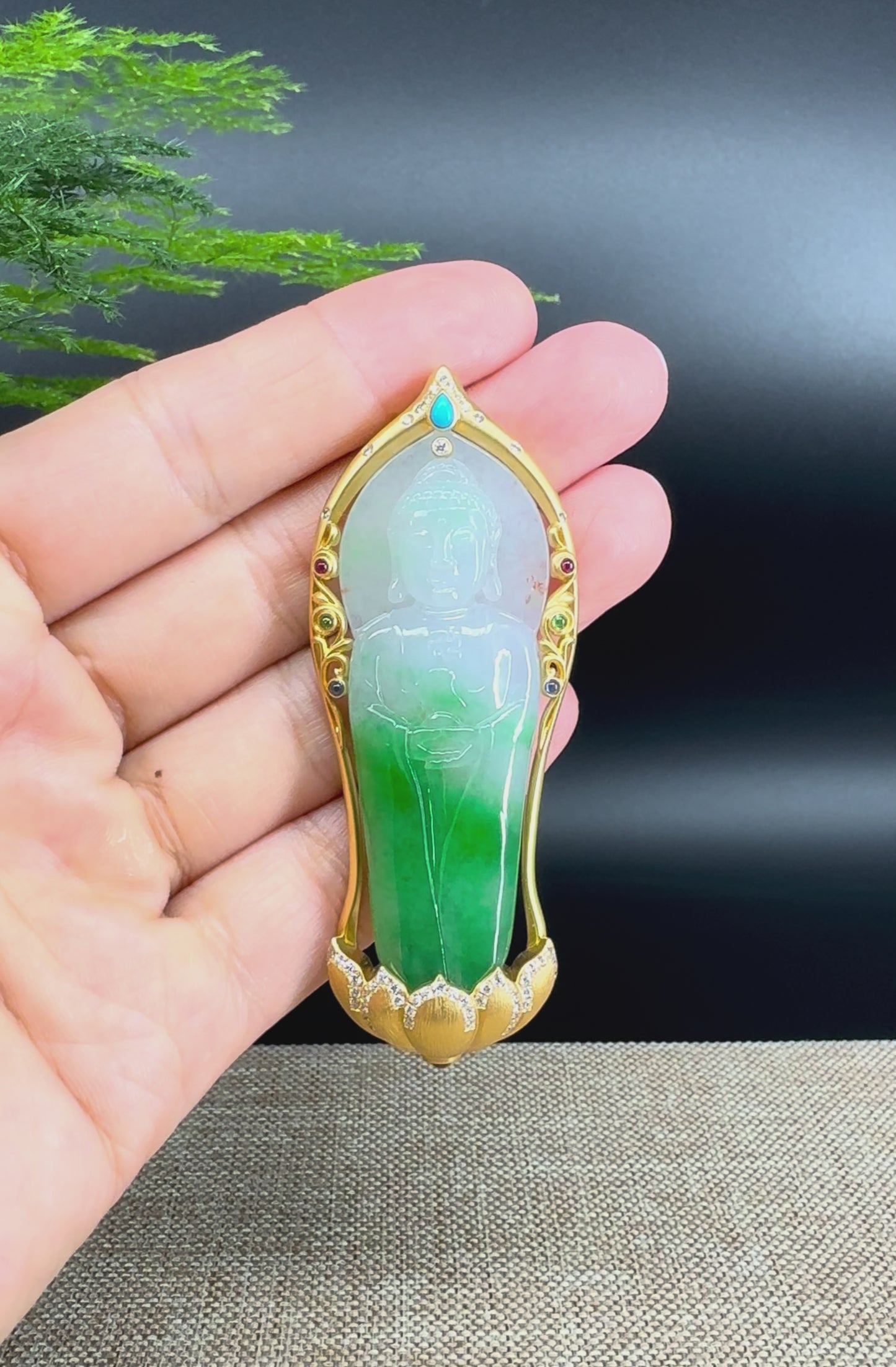 High-end 18K Yellow Gold Burmese White Green Jadeite Jade Guanyin Pendant with Diamond