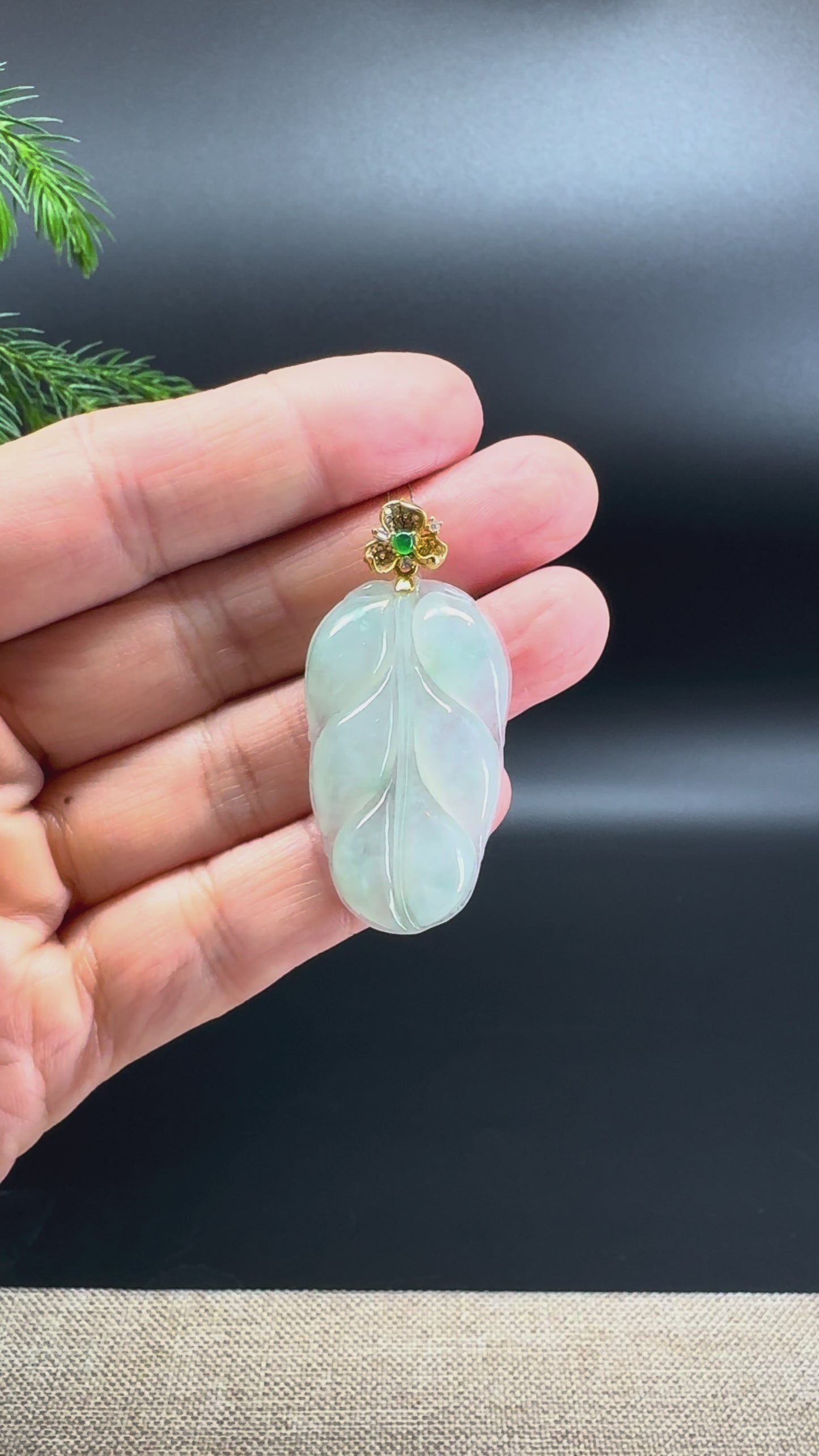 RealJade® Co. Genuine Light Green Jadeite Jade Jin Zhi Yu Ye (Leaf) Necklace With 18K Yellow Gold Diamonds Bail