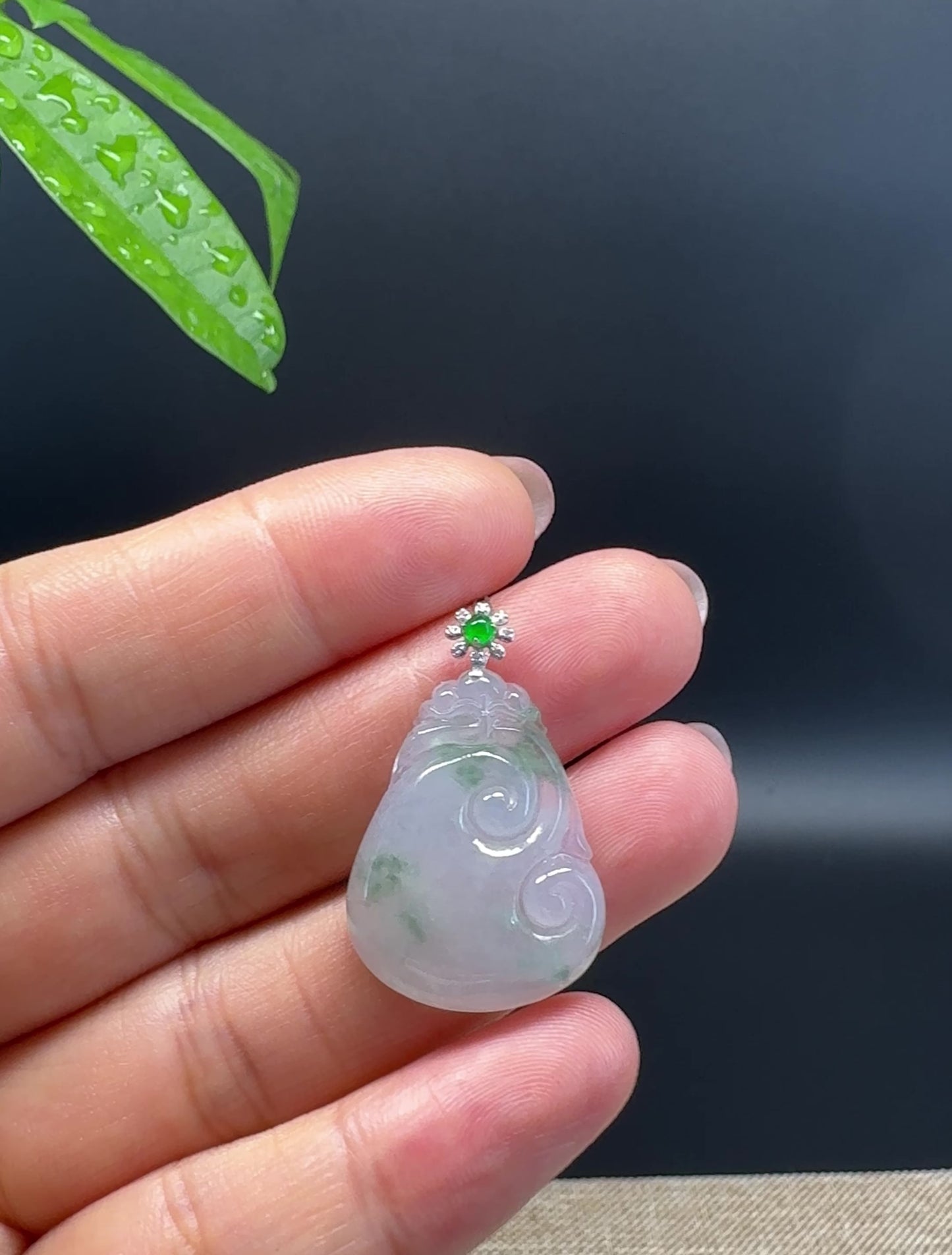 Load and play video in Gallery viewer, RealJade® Co. Genuine Icy Green Jadeite Jade Good Luck RuYi Necklace With 18K  White Gold Bail
