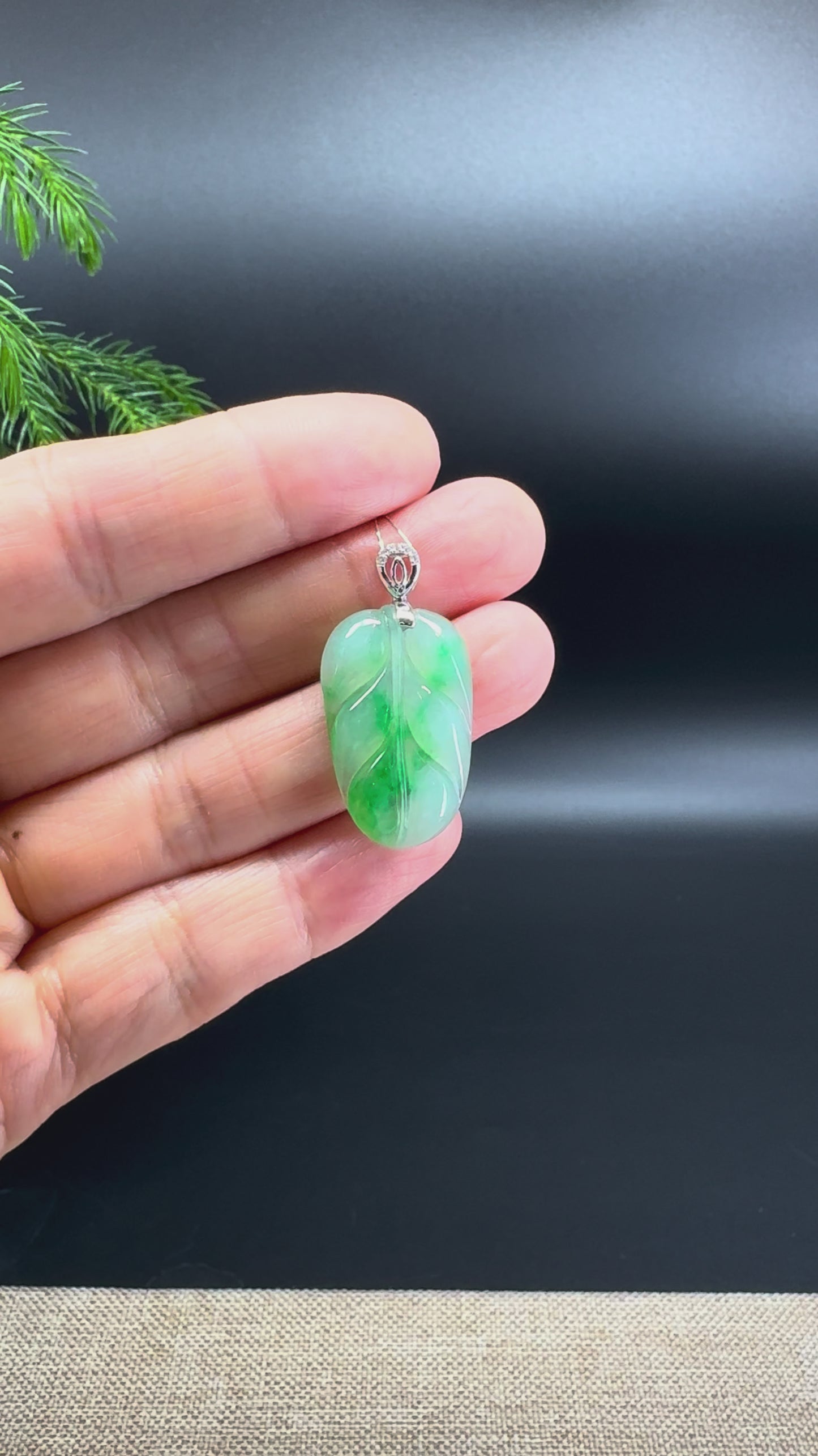 RealJade® Co. Genuine Green Jadeite Jade Jin Zhi Yu Ye (Leaf) Necklace With 18K White Gold Diamonds Bail