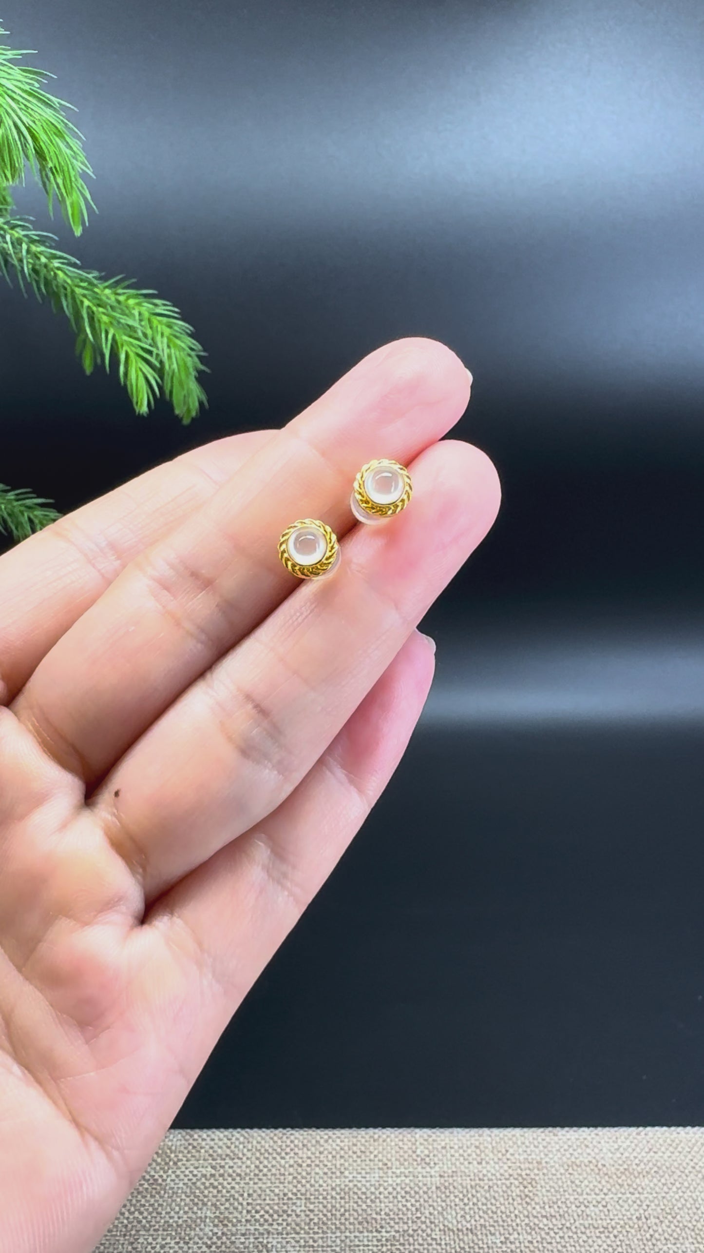 Load and play video in Gallery viewer, RealJade® 18k Yellow Gold Icy White Jadeite Jade Round Stud Earrings
