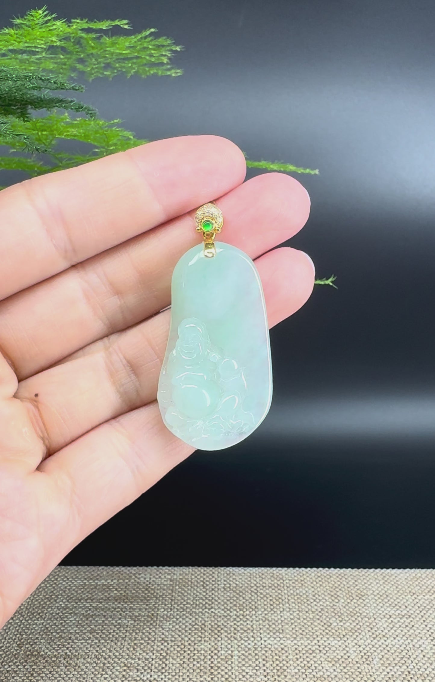 18K Yellow Gold Burmese Light Green Jadeite Jade Happy Buddha Pendant