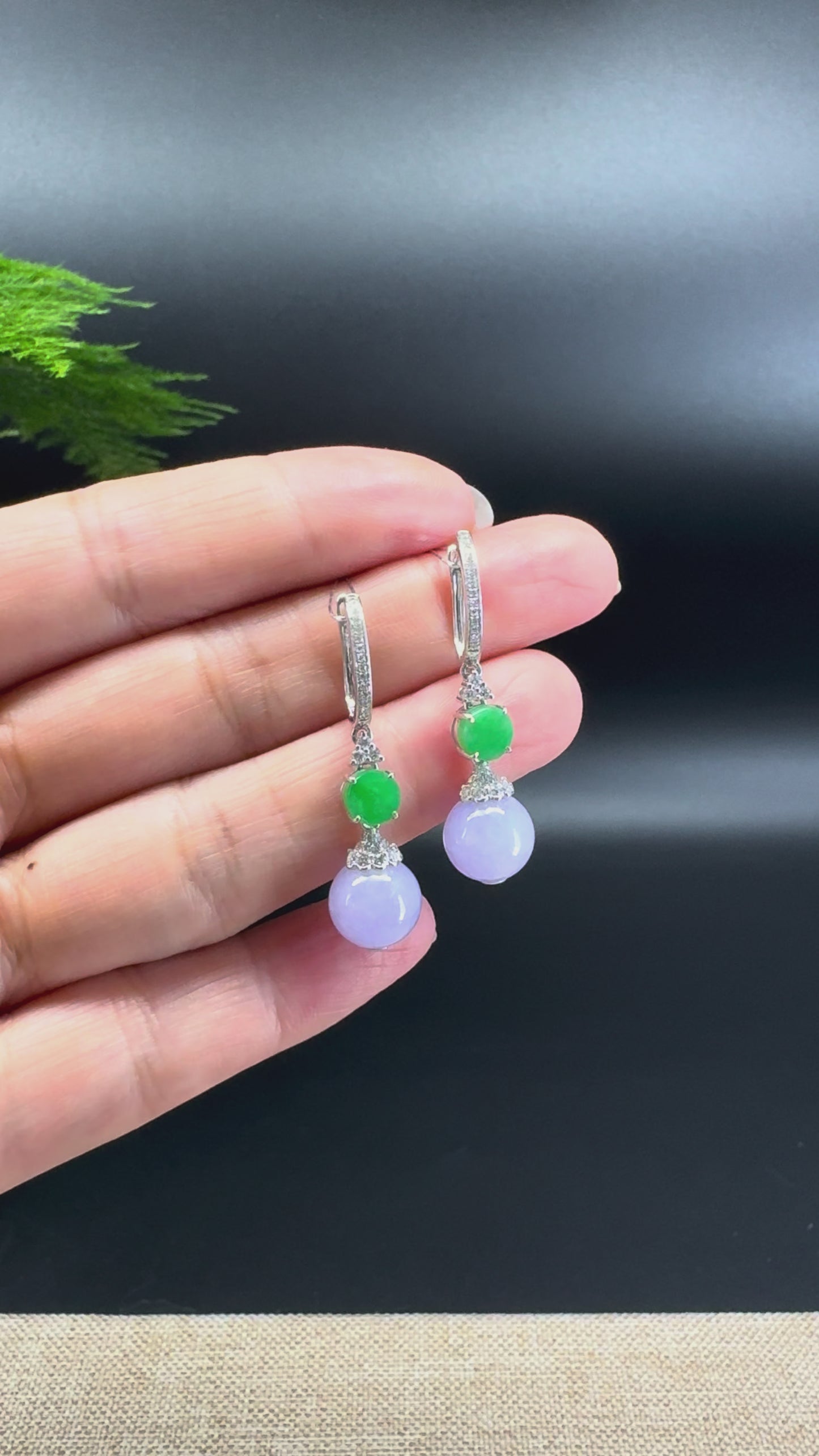 Load and play video in Gallery viewer, 18k White Gold Genuine Lavender Bead Jadeite Jade Diamonds Earrings
