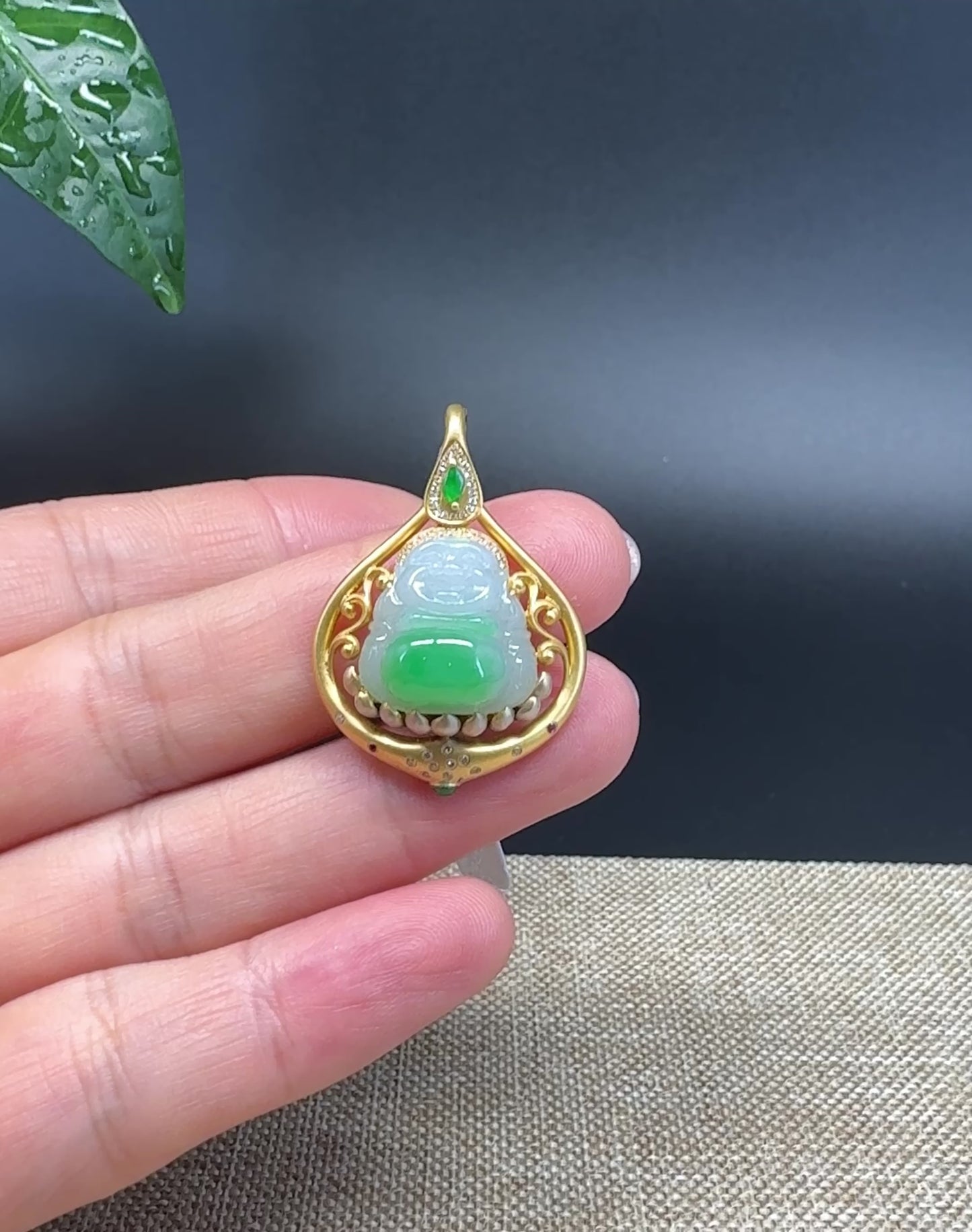 "Happy Buddha" Green Jadeite Jade Happy Buddha Pendant W/ 18K Yellow Gold