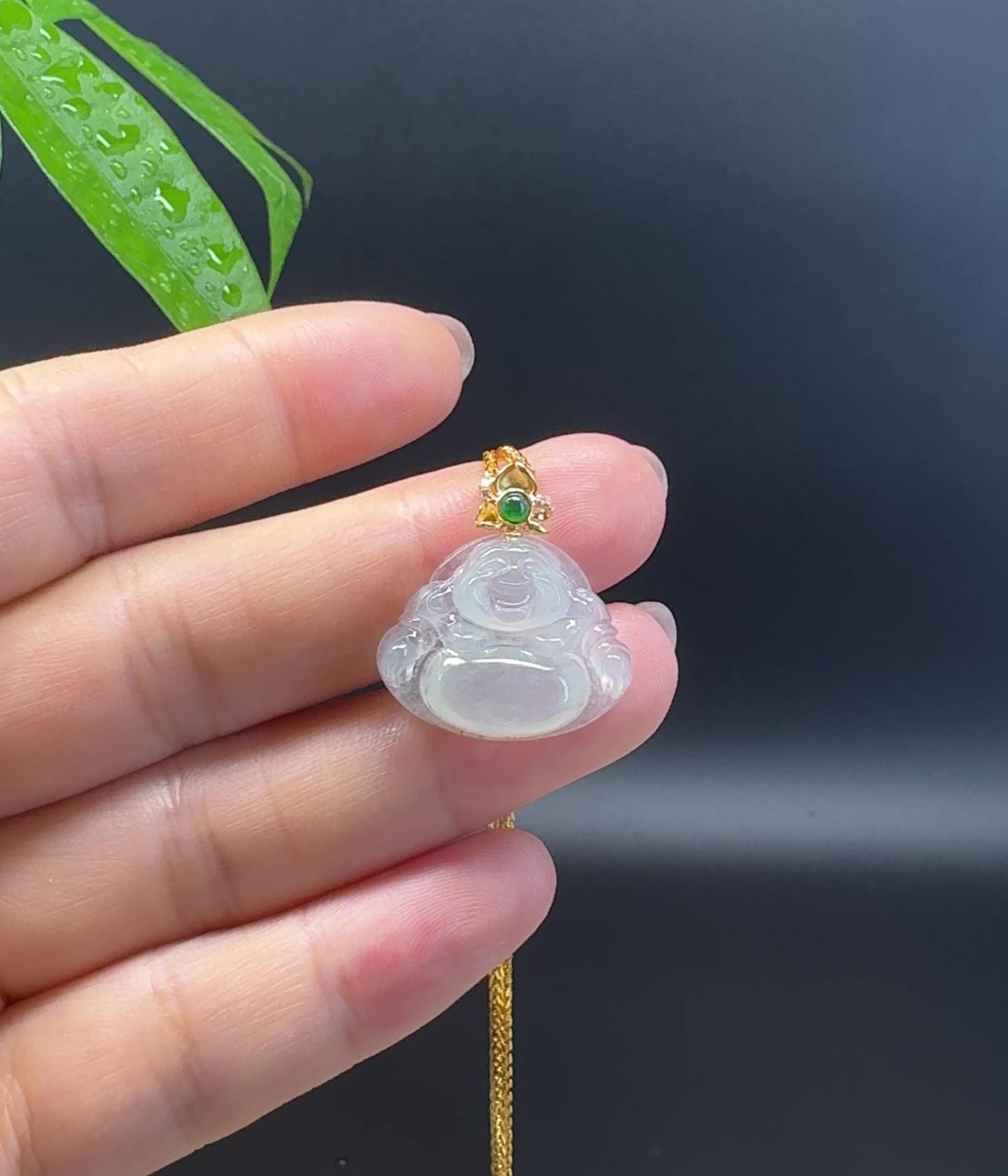 Load and play video in Gallery viewer, 18K Yellow Gold Burmese Icy Jadeite Jade Happy Buddha Pendant
